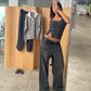 Side Button Ribbed Tank Charcoal