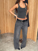 Side Button Ribbed Tank Charcoal