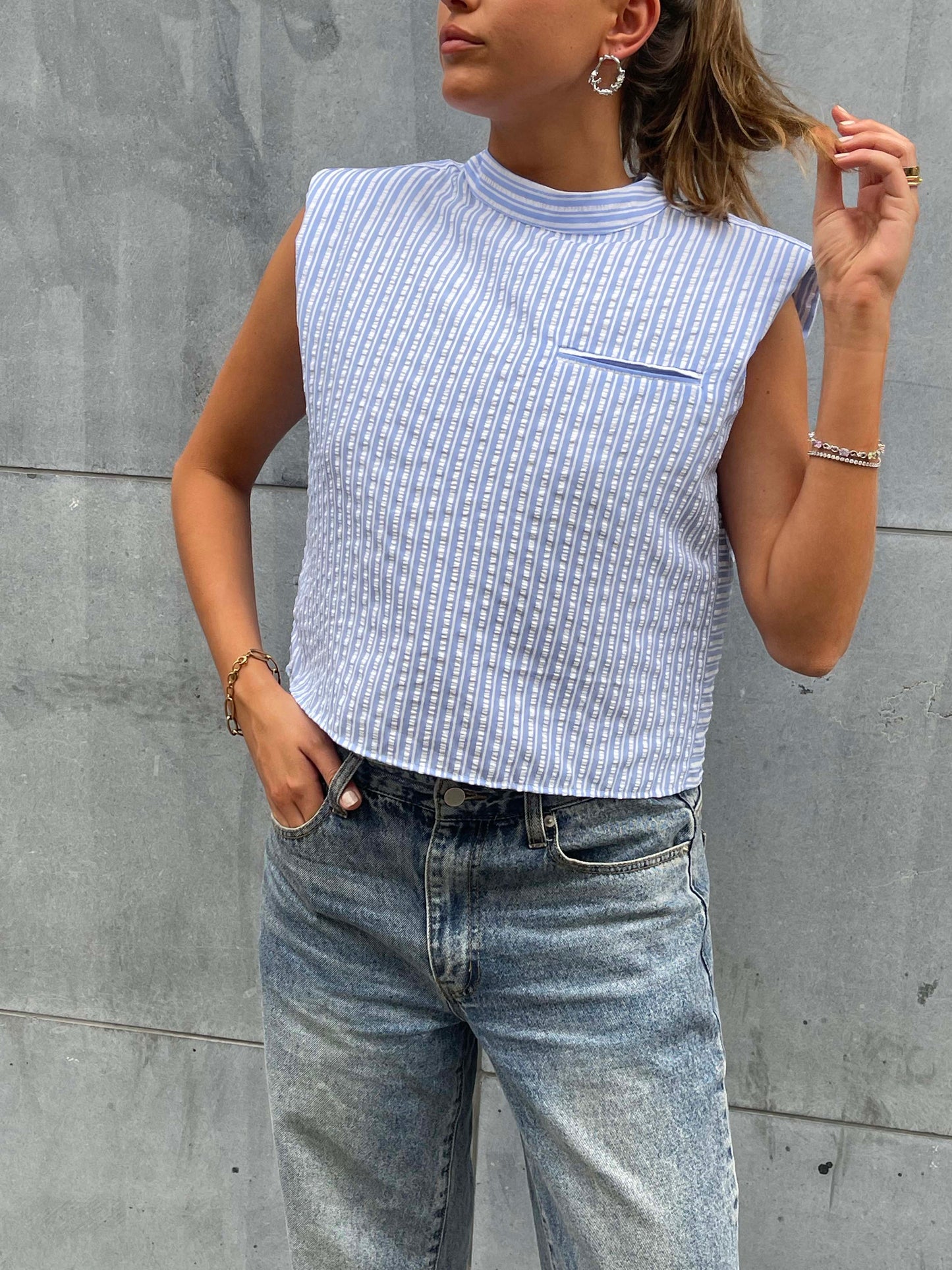 Padded Shirt Striped Top Skyblue