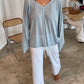Loose Buttoned V-Neck Top Sky Blue