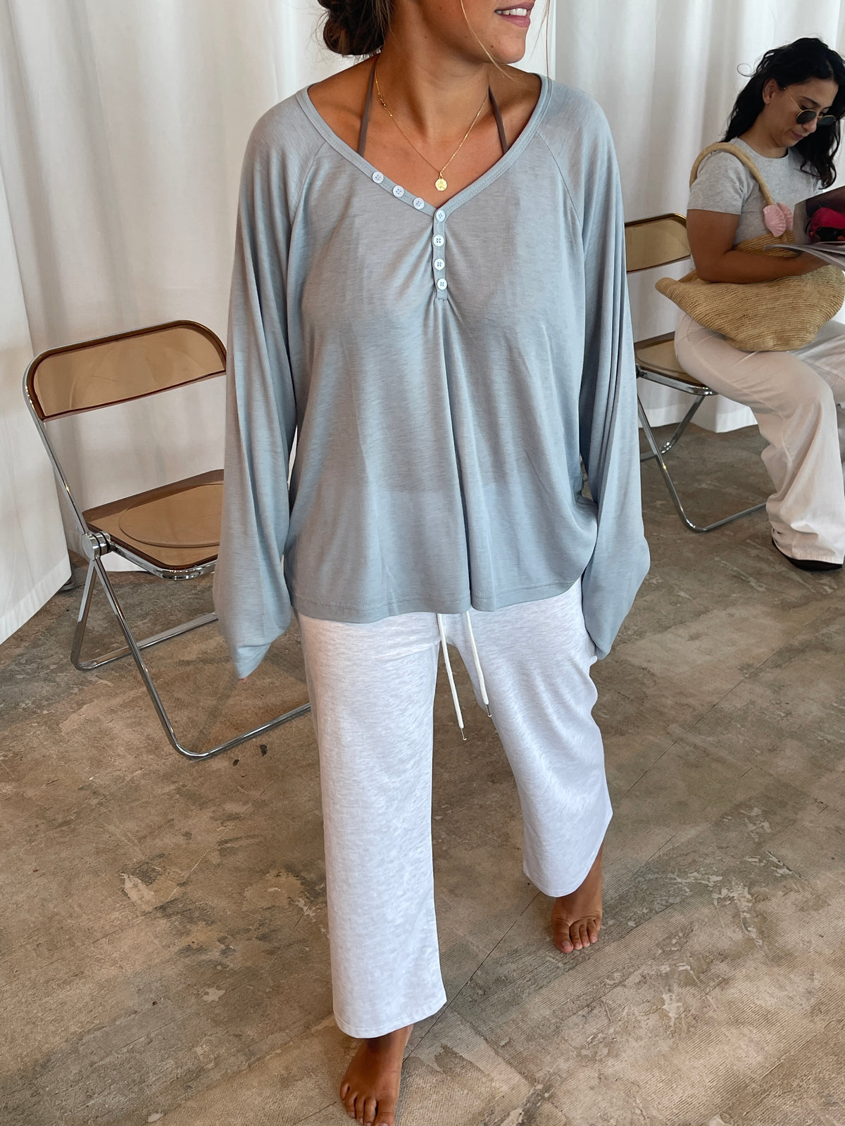 Loose Buttoned V-Neck Top Sky Blue
