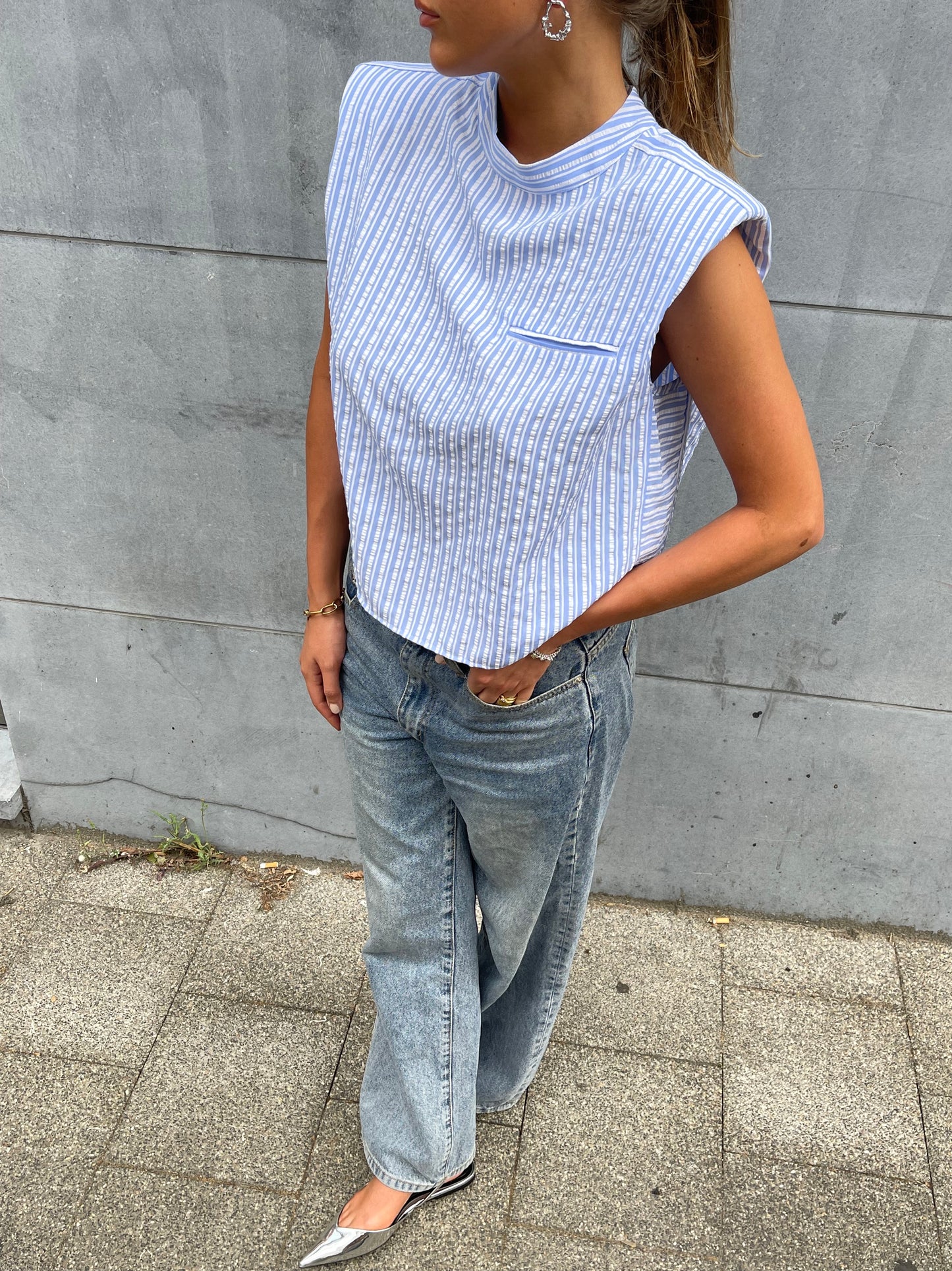 Padded Shirt Striped Top Skyblue