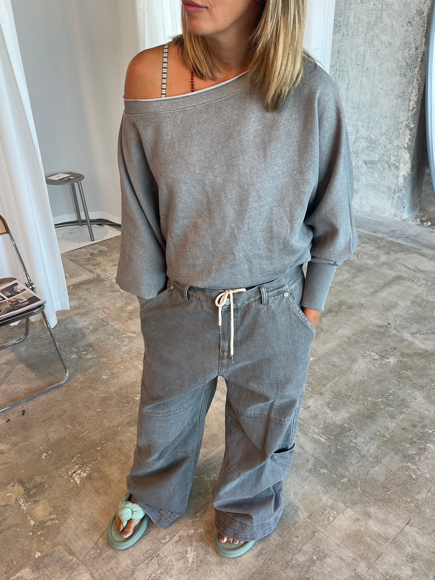 Draped Off-Shoulder Sweater Grey