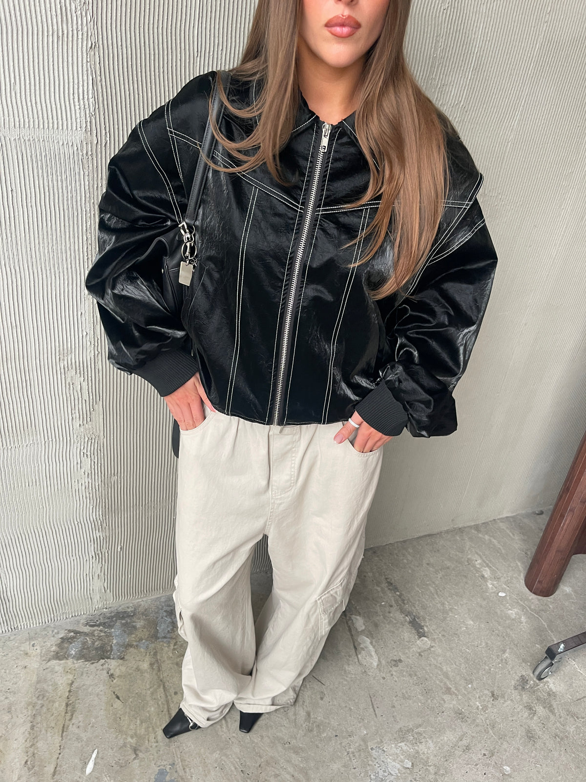 Oversized Contrast Stitch Jacket Black