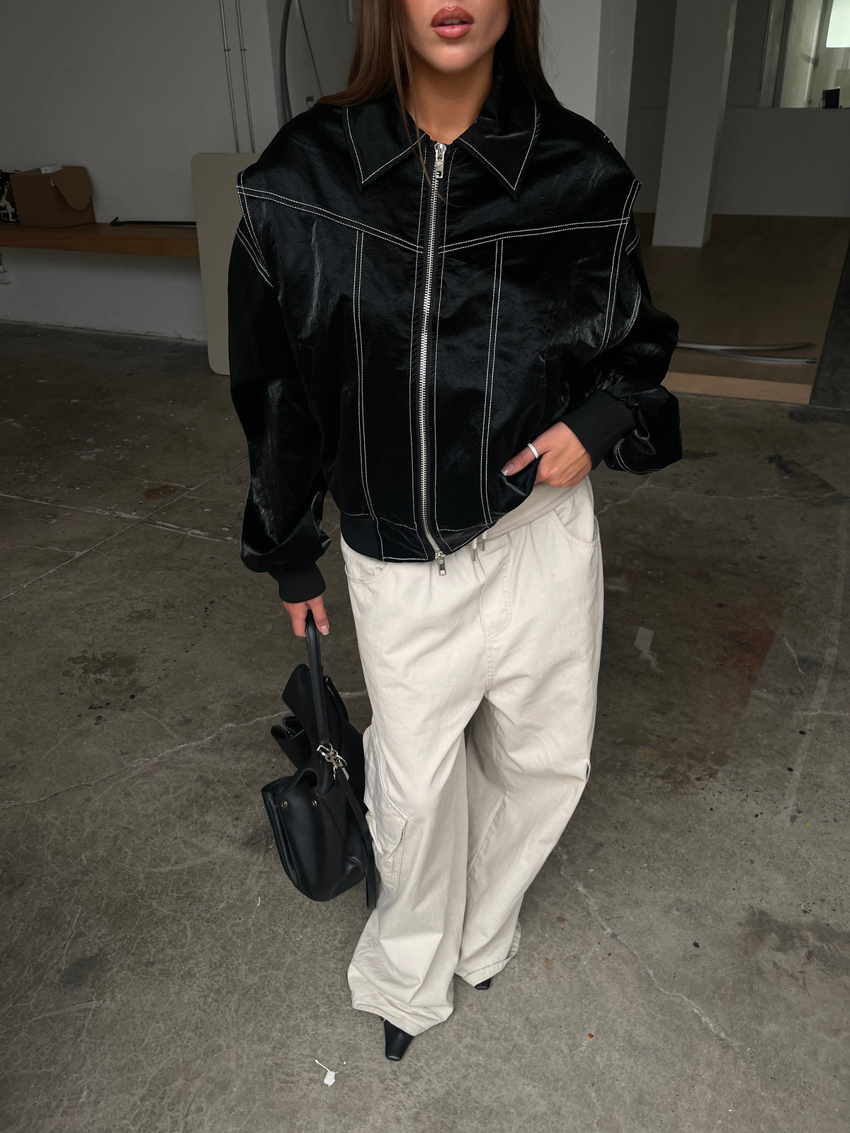 Oversized Contrast Stitch Jacket Black