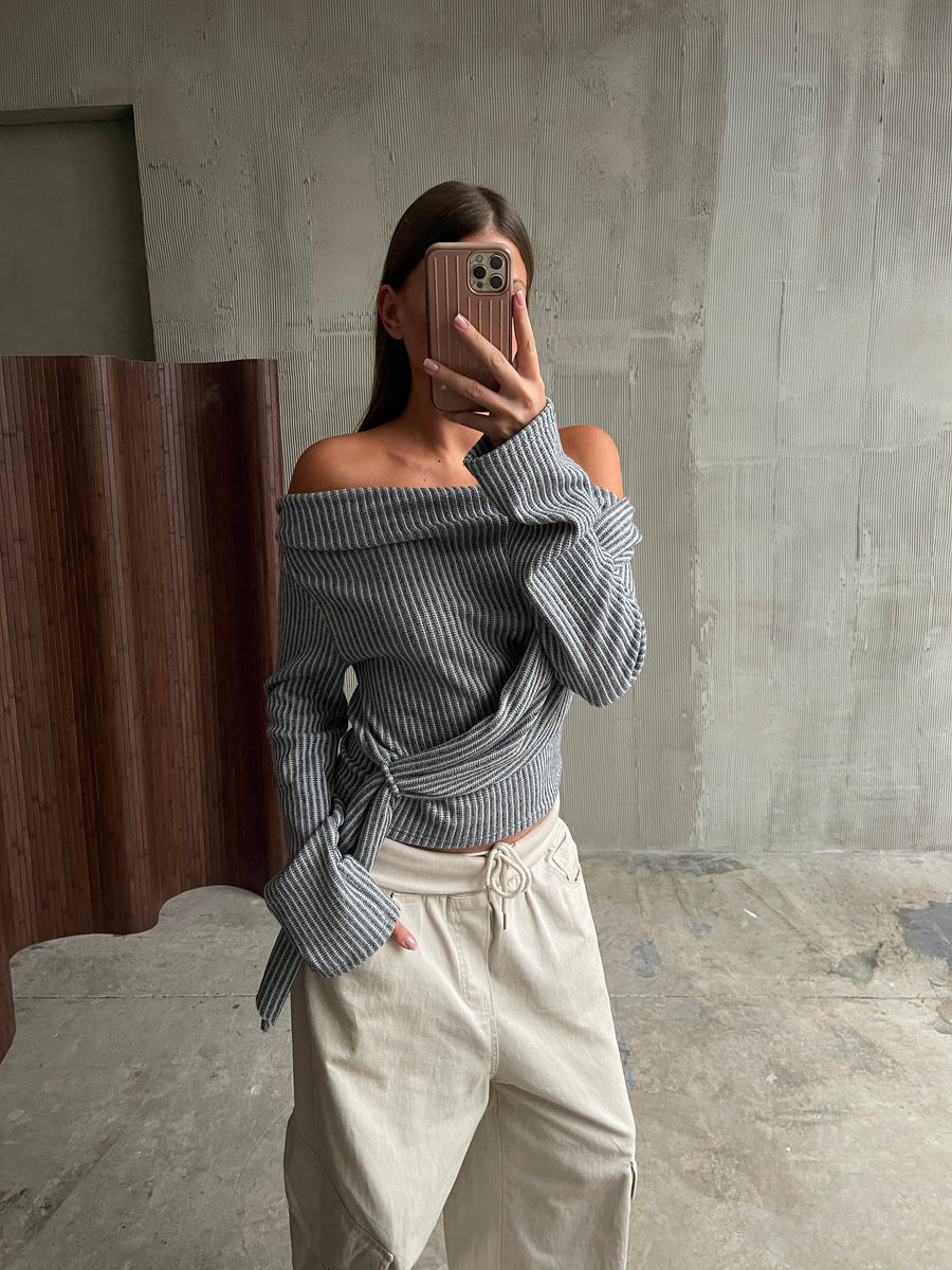 Draped Belted Top Grey
