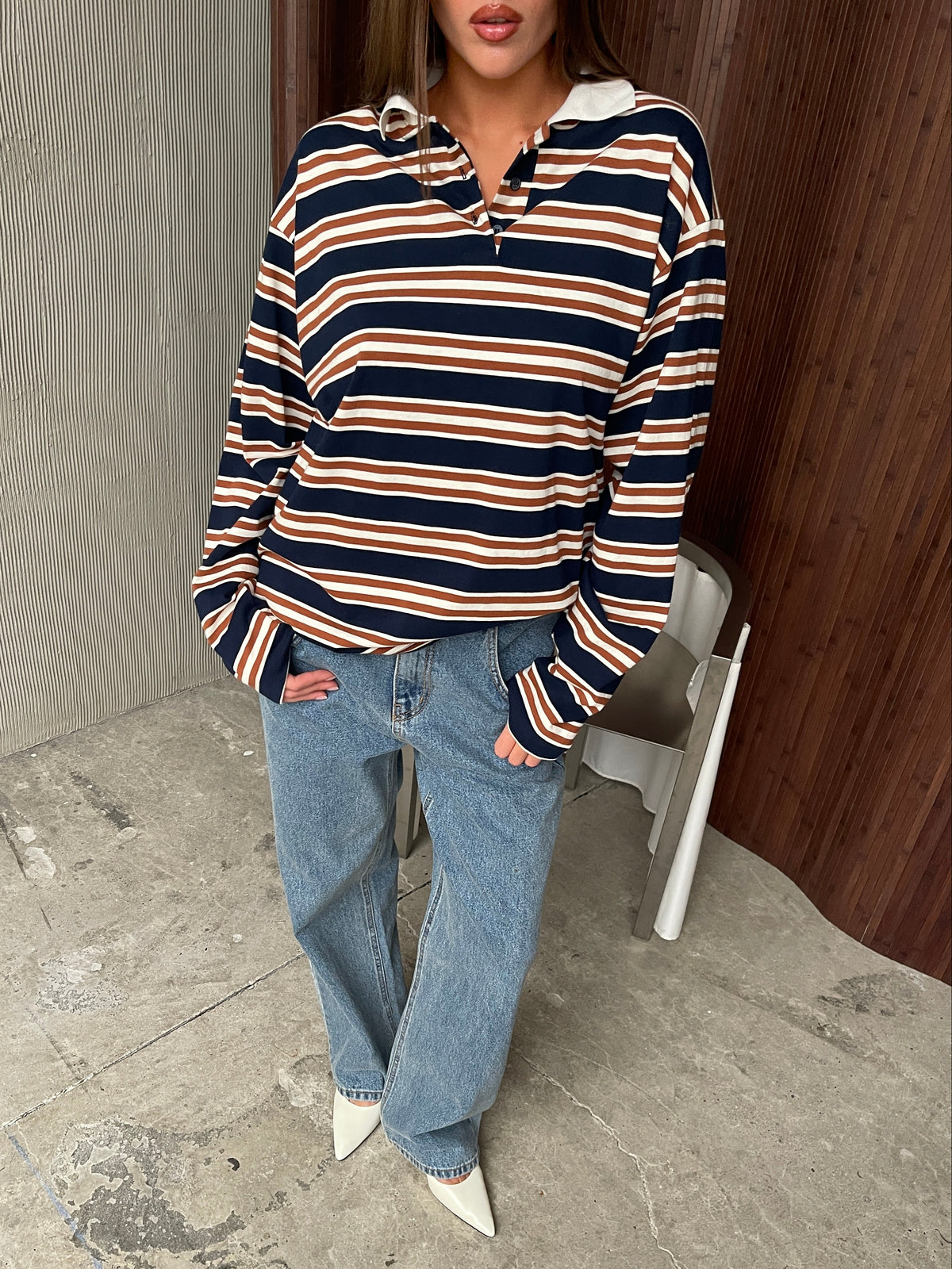 Striped Contrast Collar Polo Navy