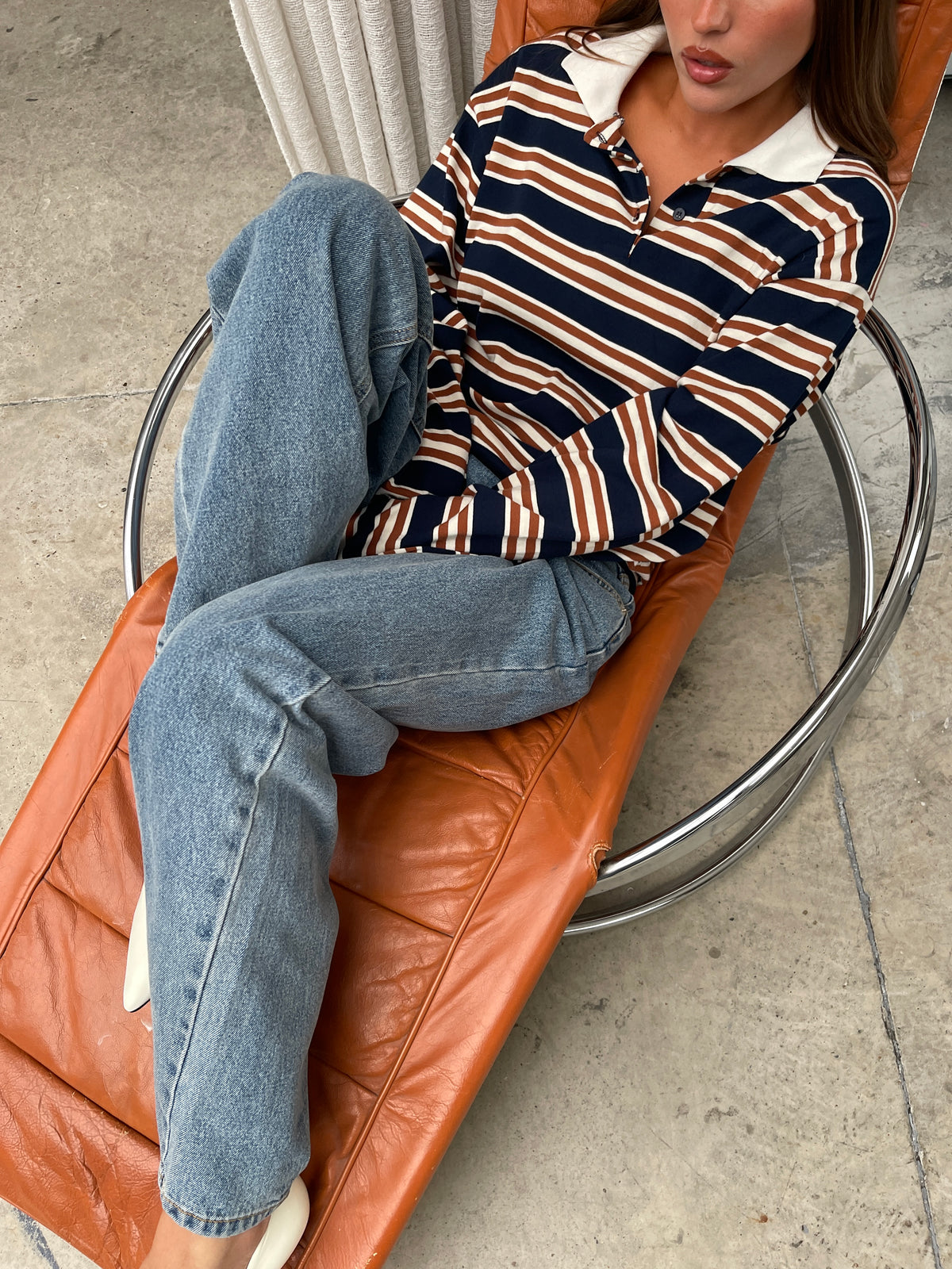 Striped Contrast Collar Polo Navy