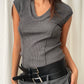 Double Collar Knit Top Charcoal