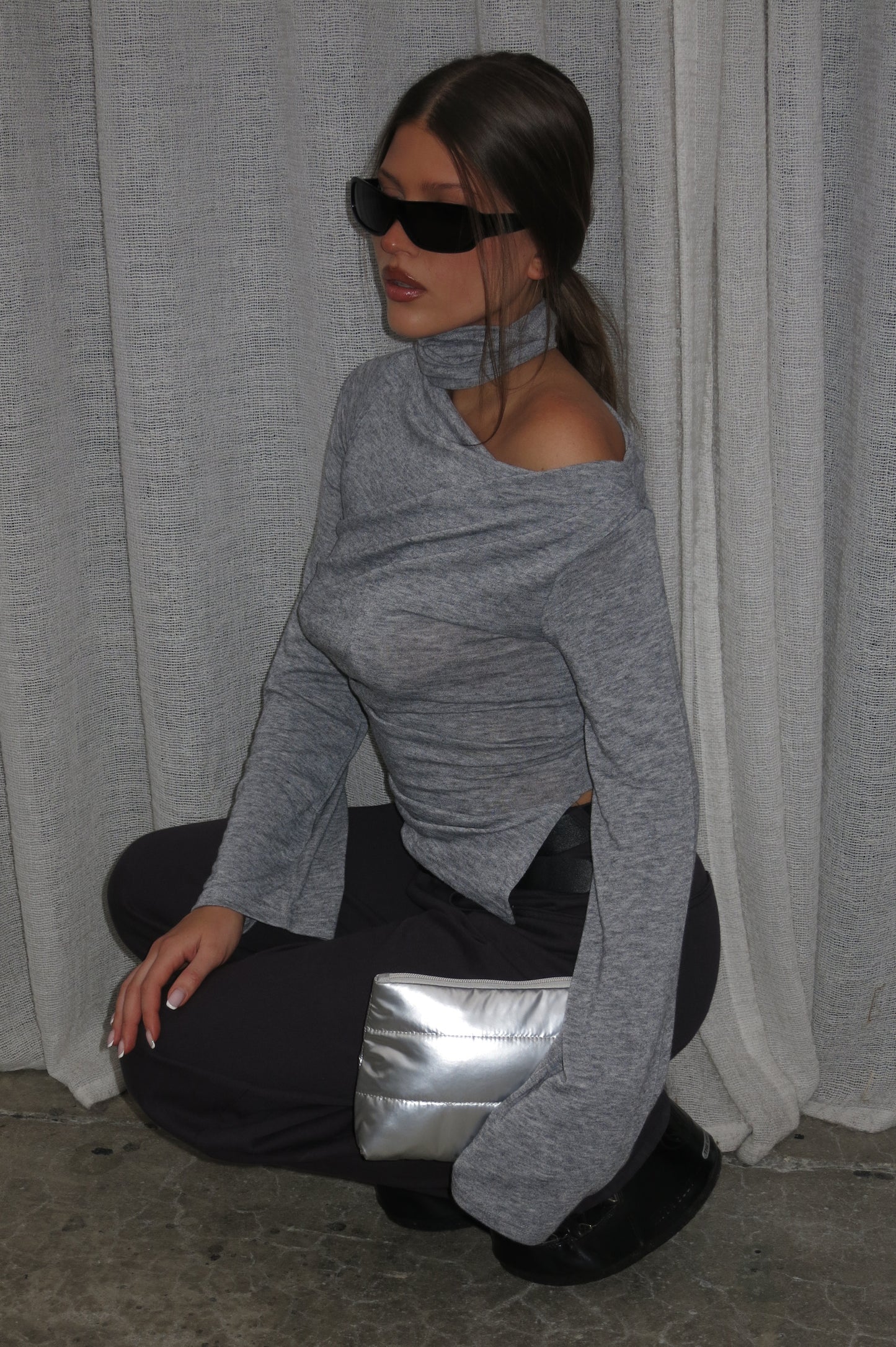 Wrapped Scarf Detail Top Grey