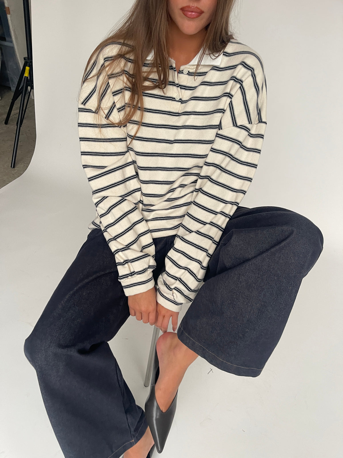 Striped Contrast Collar Polo Sweater Ivory