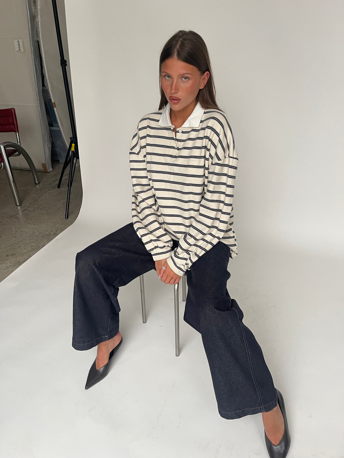 Striped Contrast Collar Polo Sweater Ivory