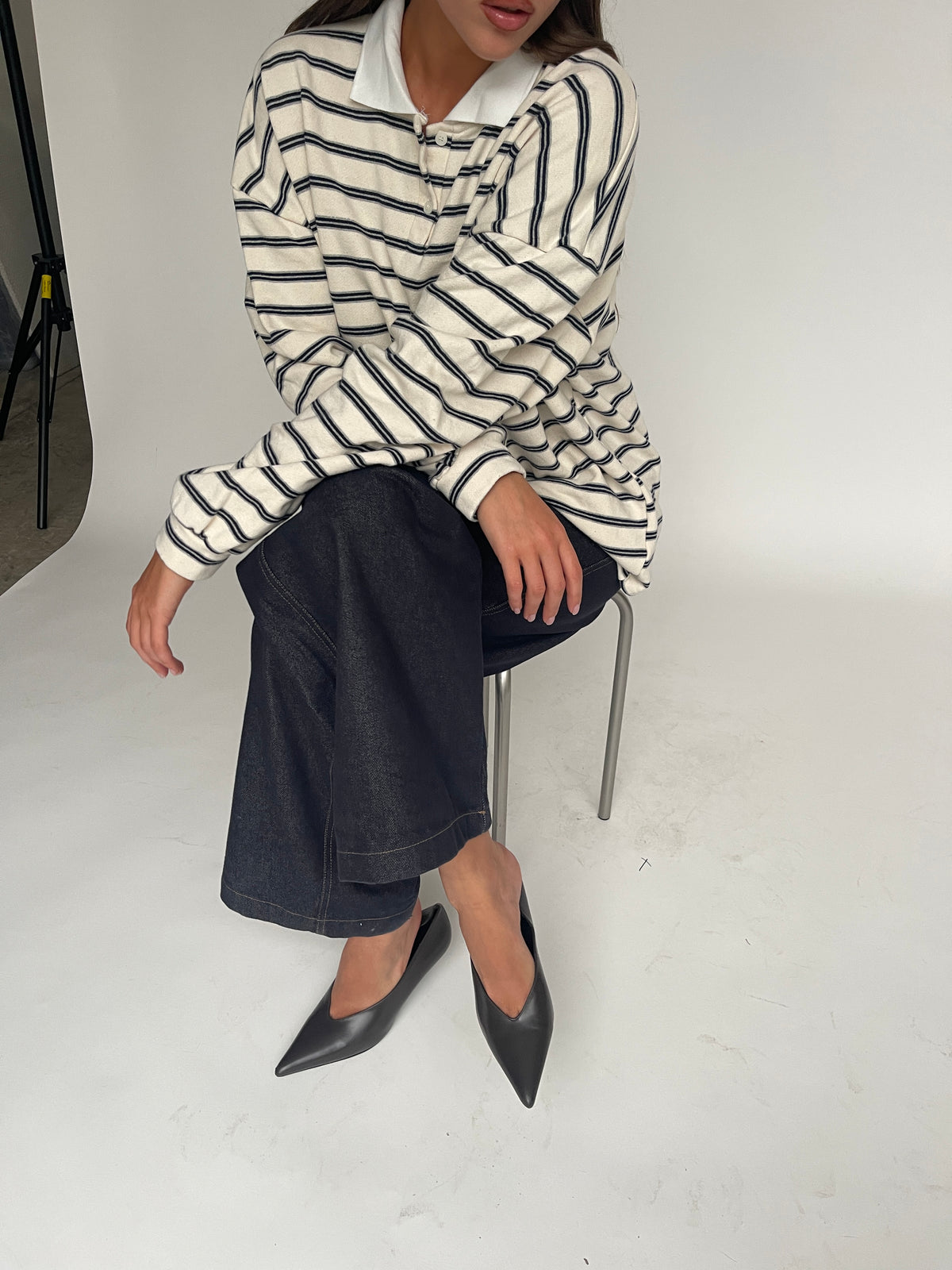 Striped Contrast Collar Polo Sweater Ivory