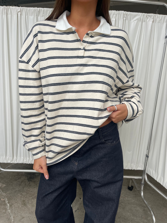 Striped Contrast Collar Polo Sweater Ivory