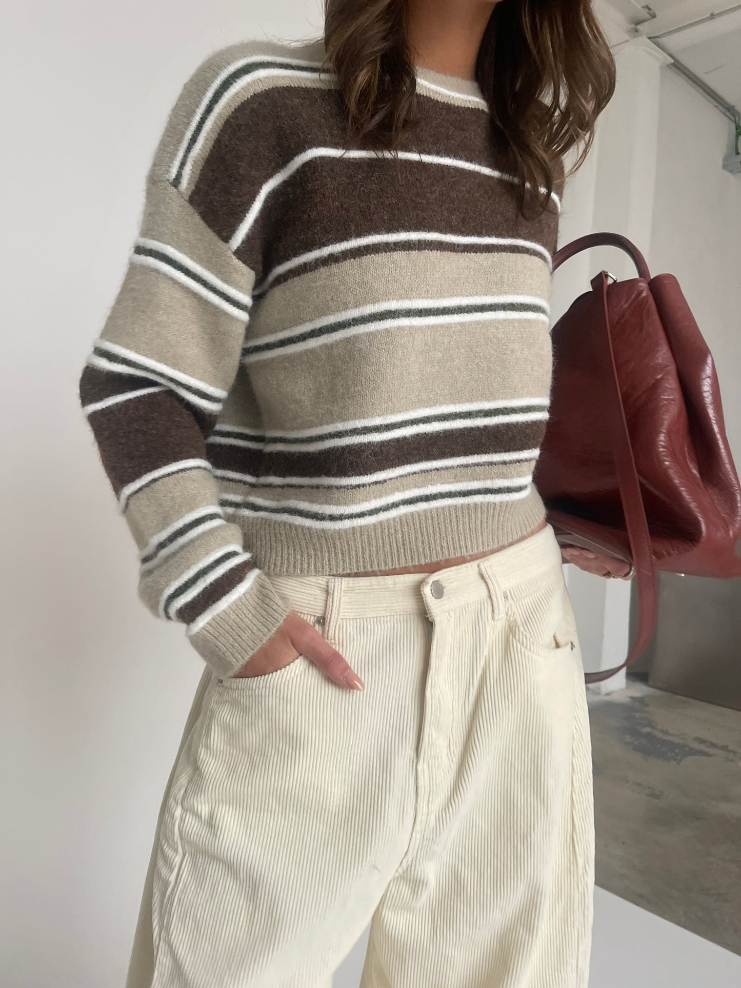 Two Coloured Striped Loose Knit Beige
