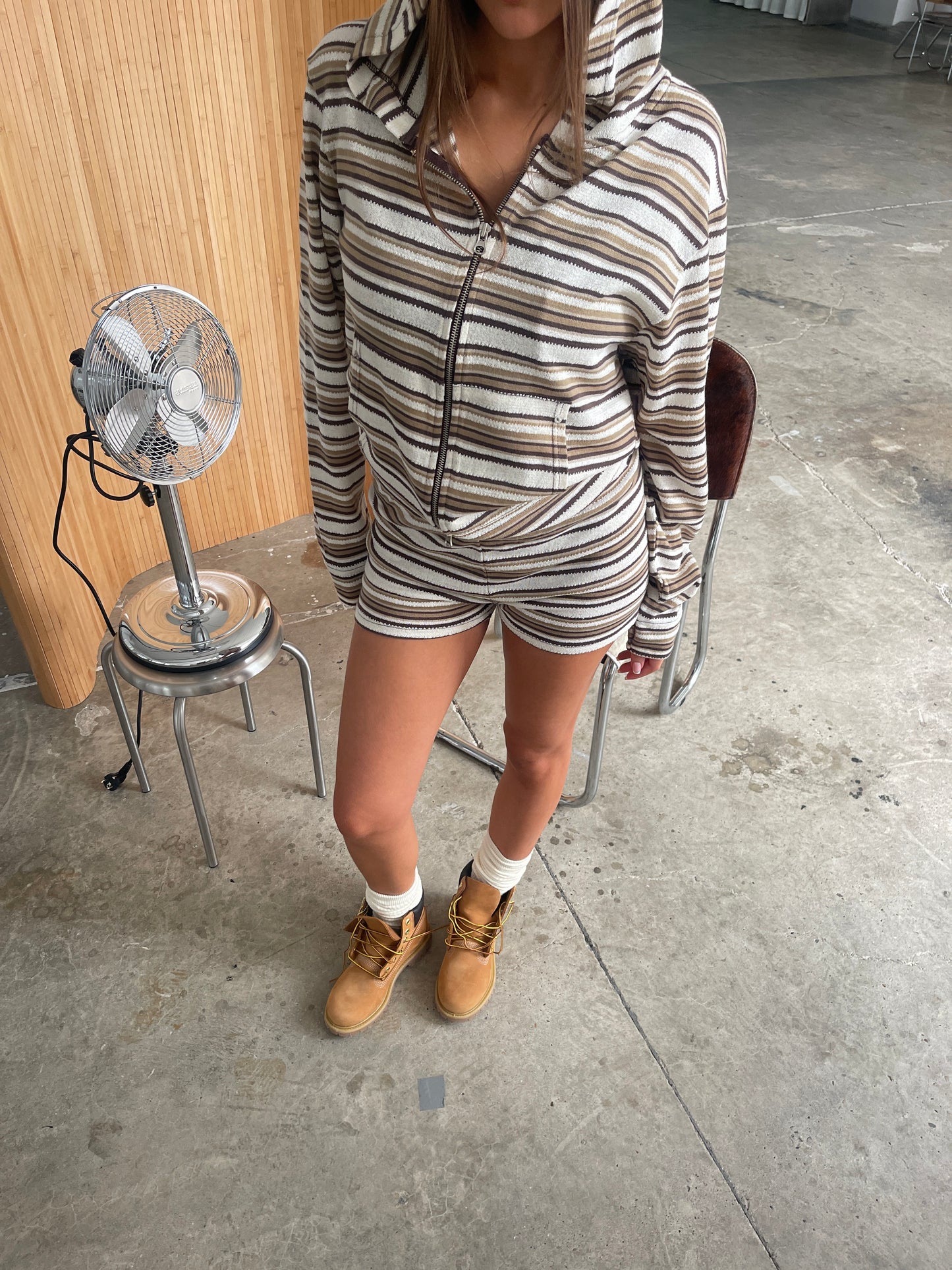 Knitted Striped Zip Hoodie Light Brown