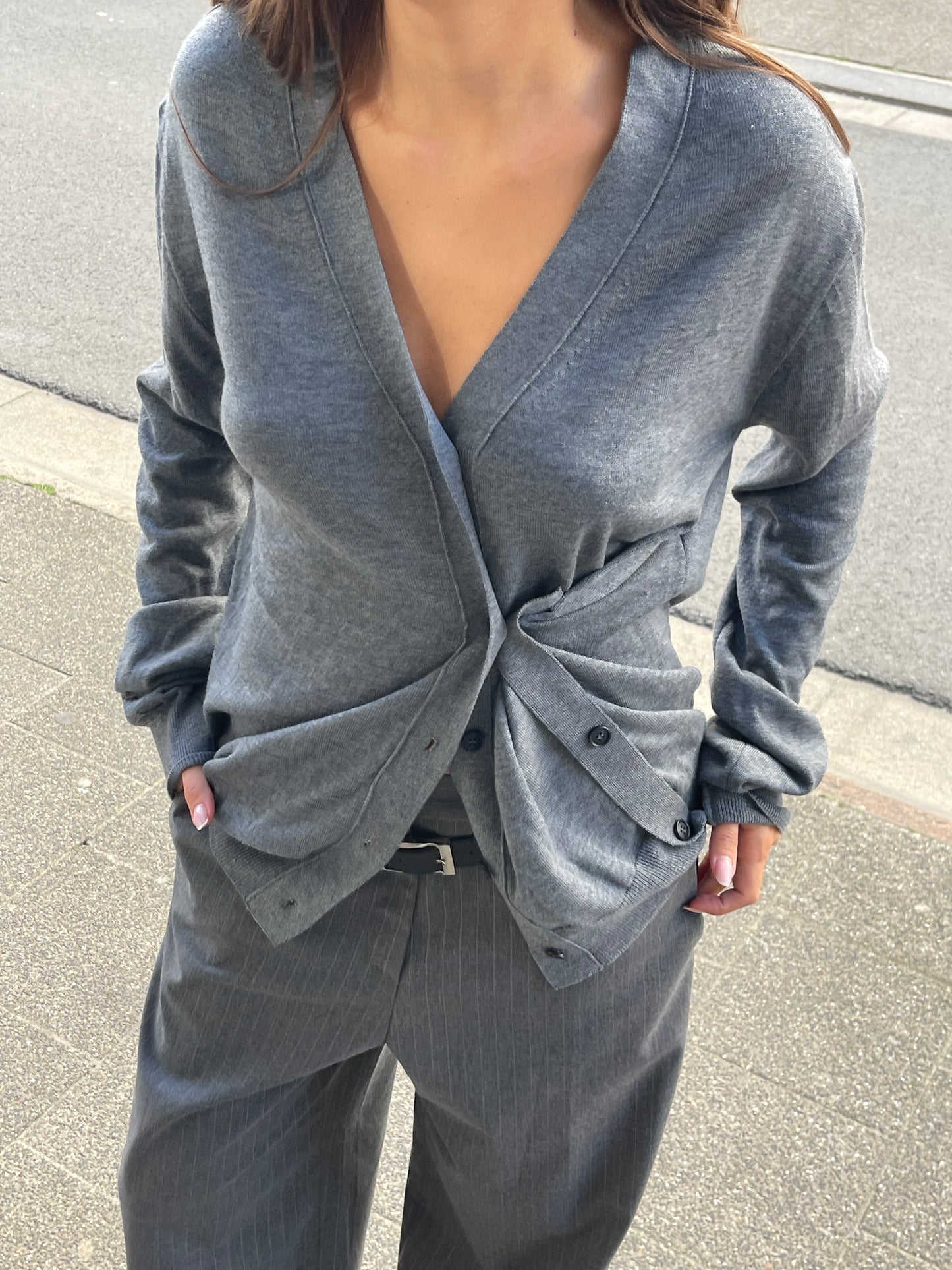 Side Buttoned Loose Cardigan Charcoal