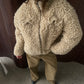 Zipped Loose Fit Curly Sheep Jacket Beige