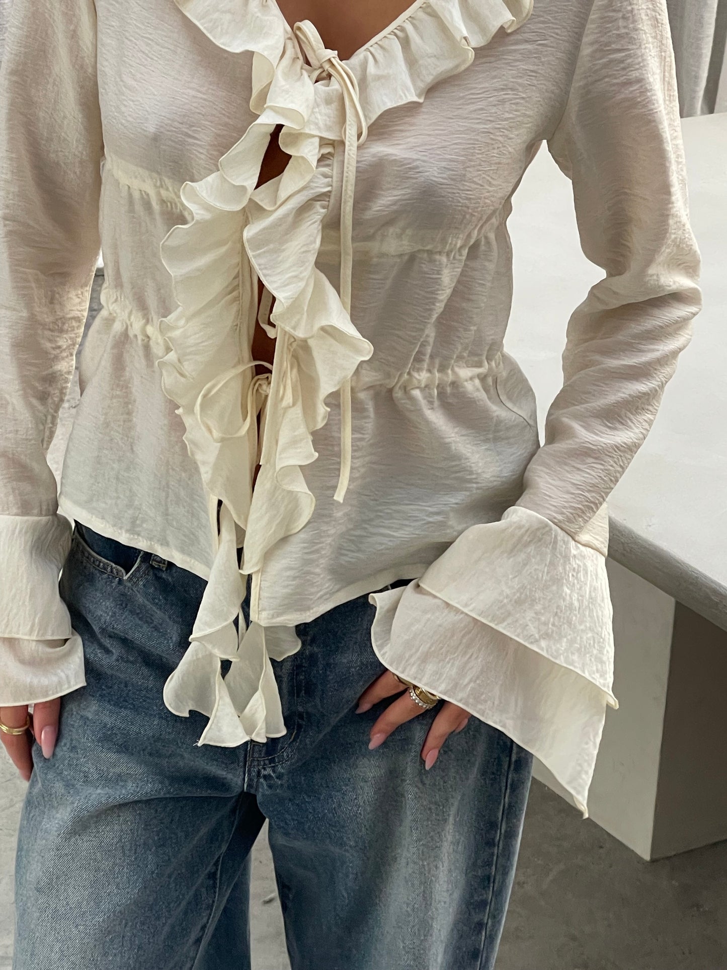 Front Tie Ruffled Blouse Cream