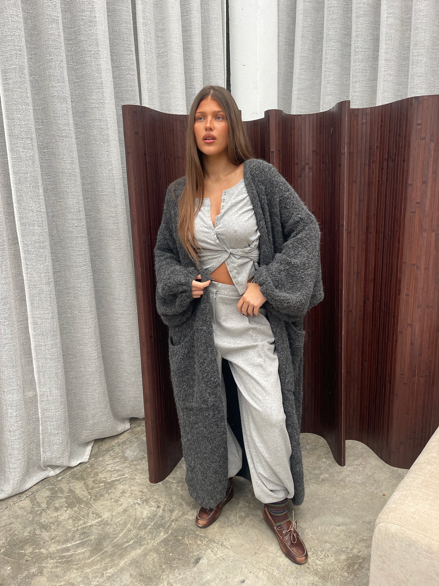 Chunky Long Knitted Cardigan Charcoal