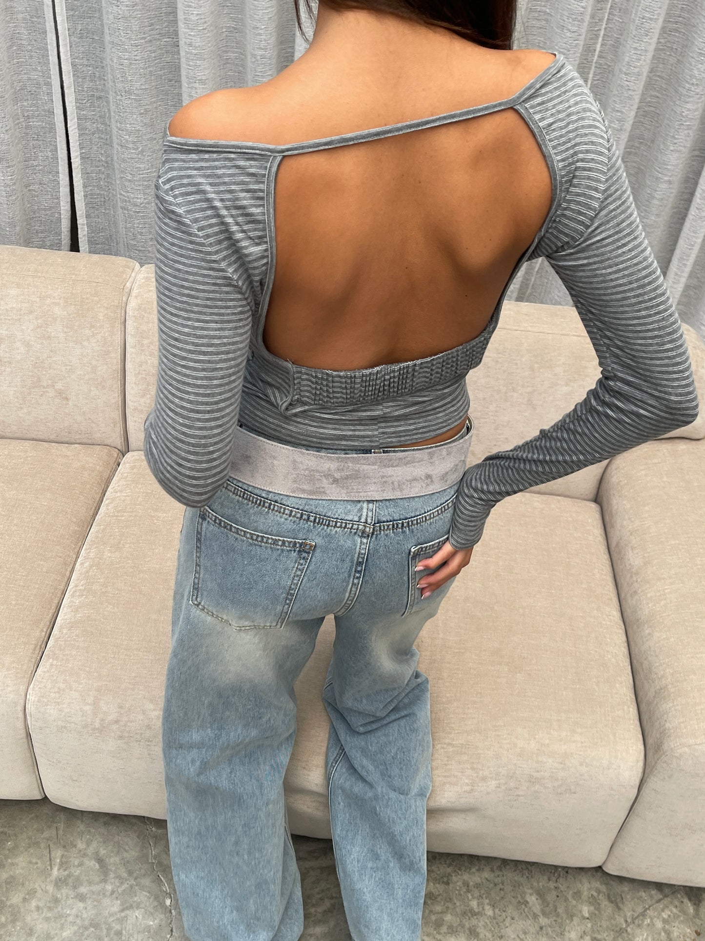 Open Back Striped Detail Top Grey