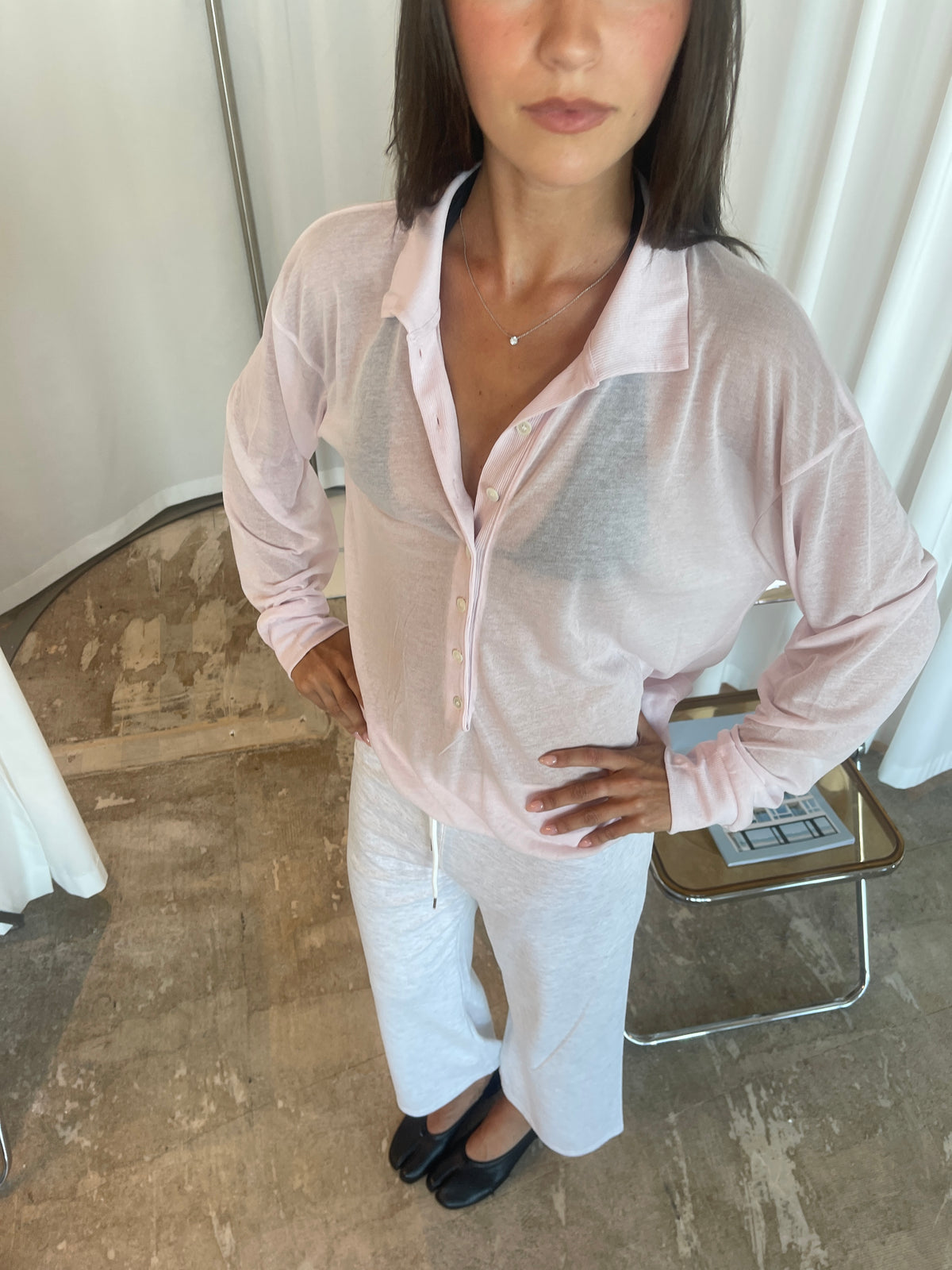 Collared Sheer Longsleeve Top Baby Pink