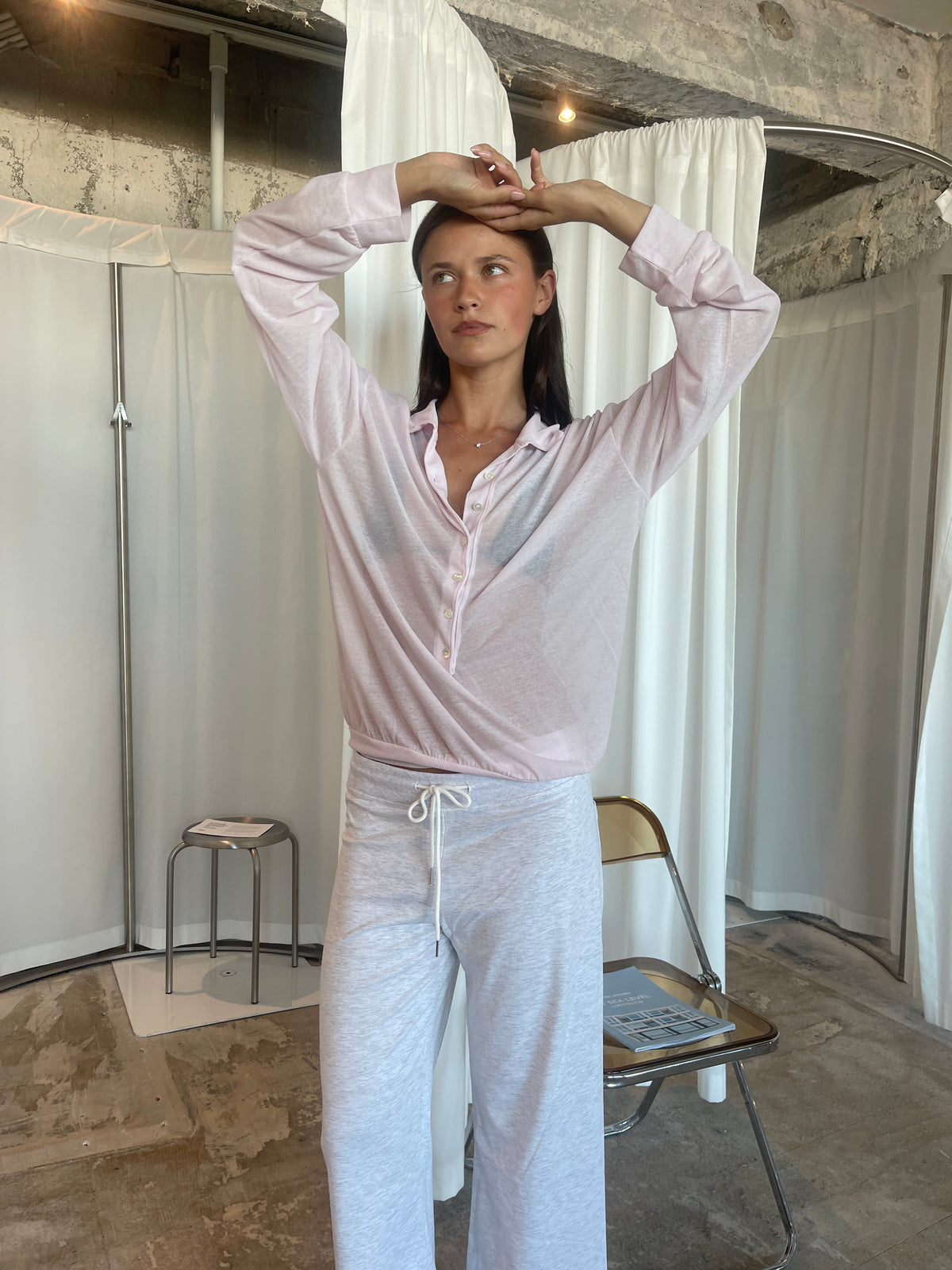 Collared Sheer Longsleeve Top Baby Pink