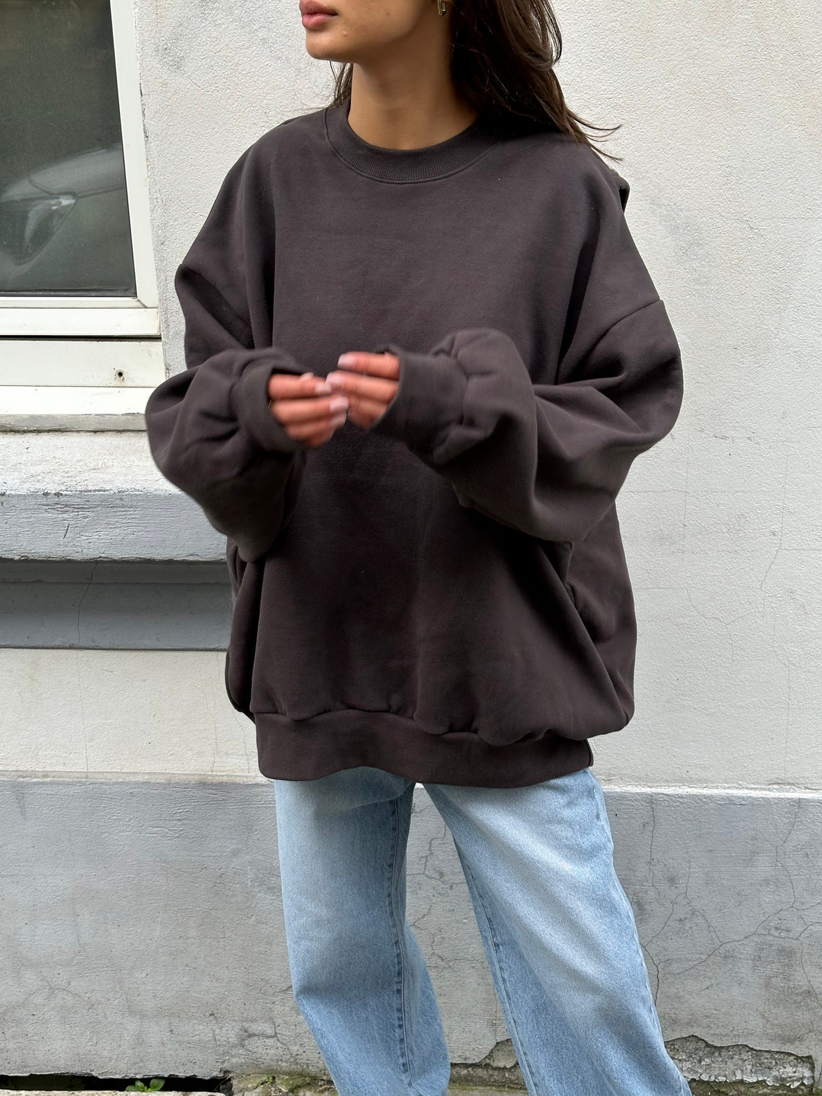 Open Back Overlay Fleeced Sweater Charcoal