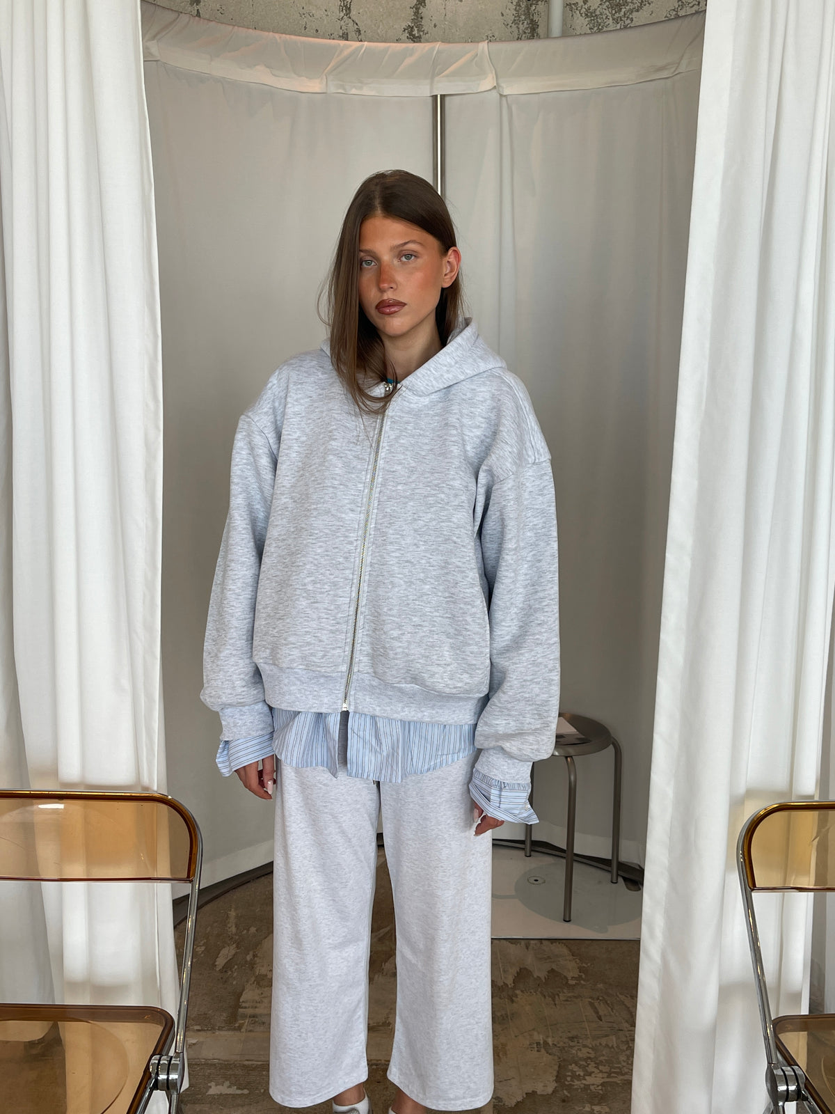 Shirt Detail Zipped Hoodie Grey