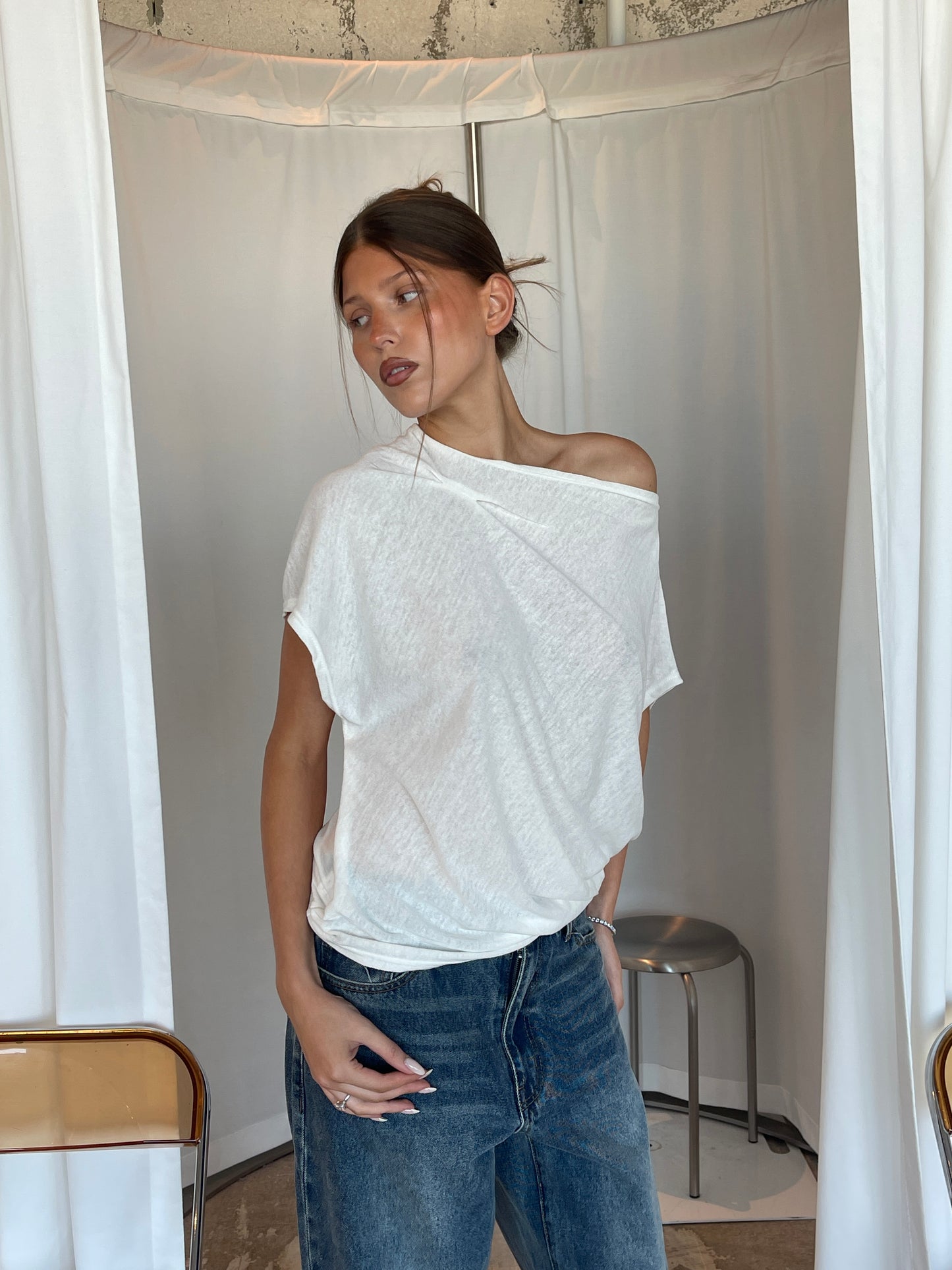 Draped Boatneck Tee White