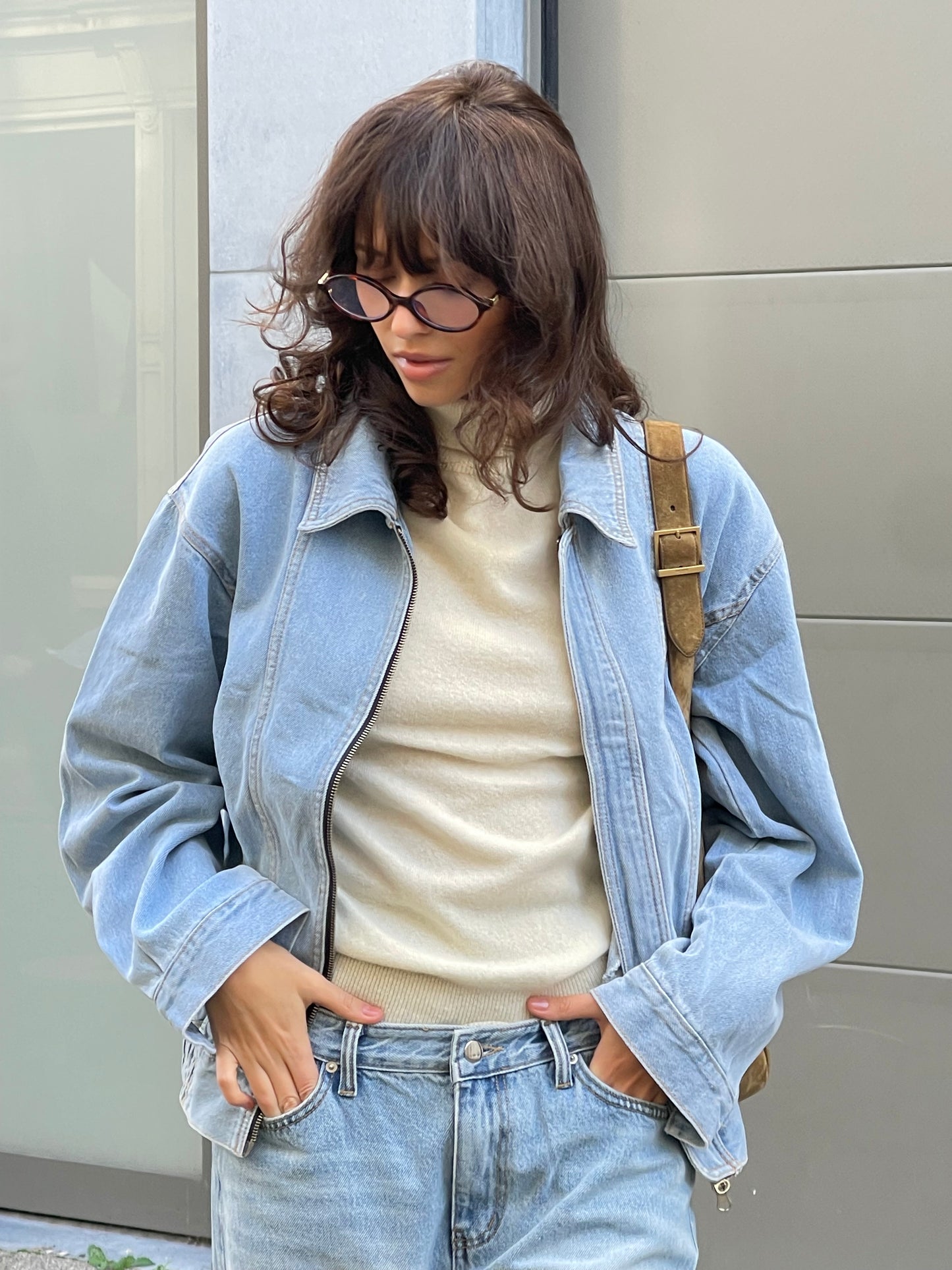 Stitched Denim Bomber Light Blue