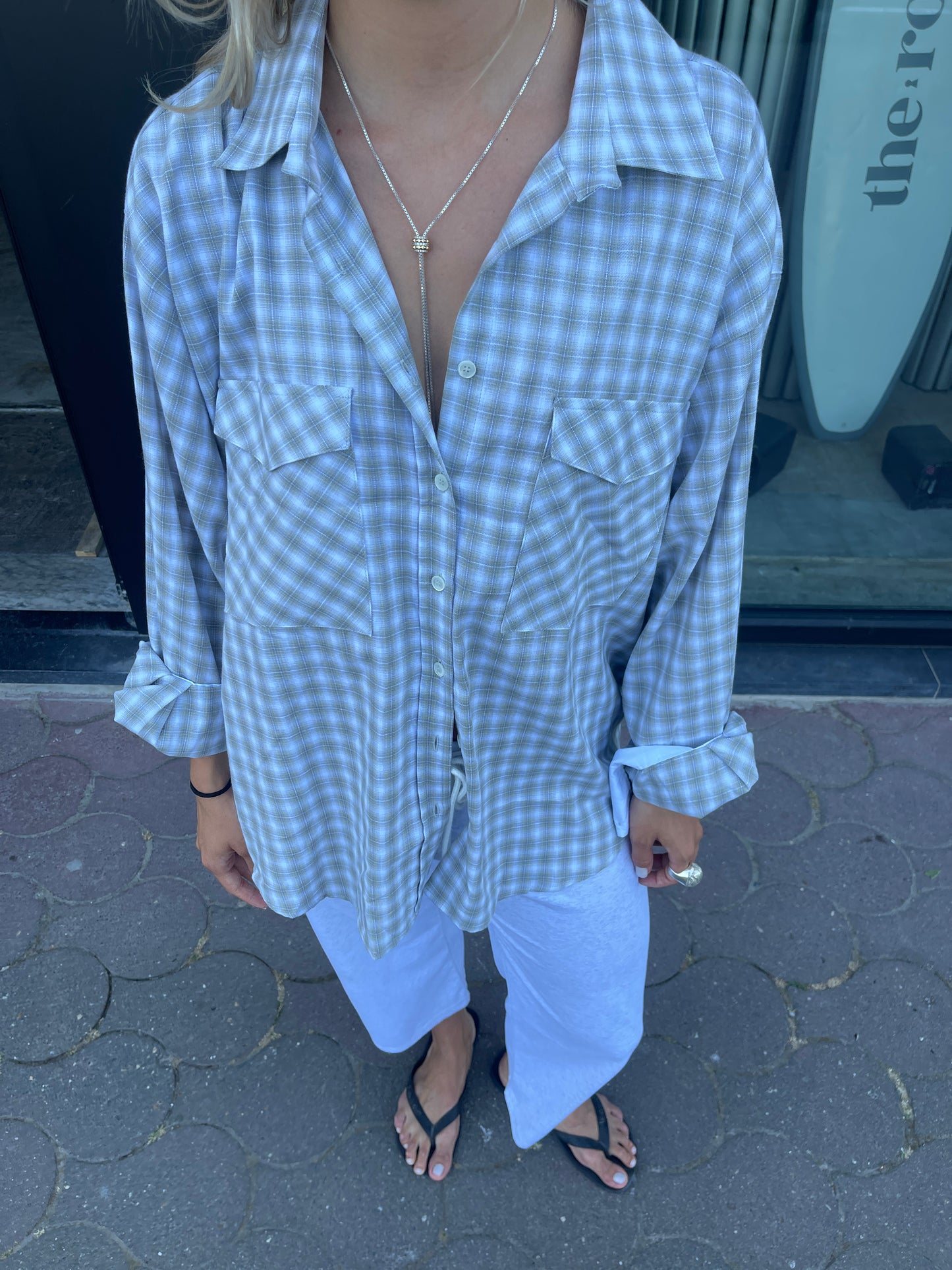 Loose Checked Pocket Shirt Sage Green
