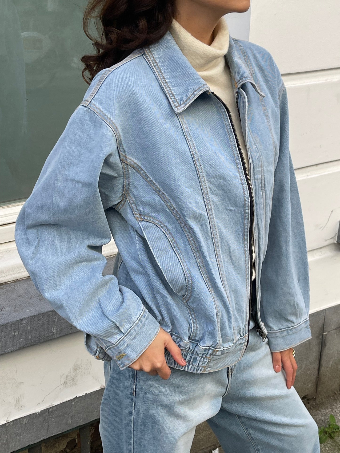 Stitched Denim Bomber Light Blue