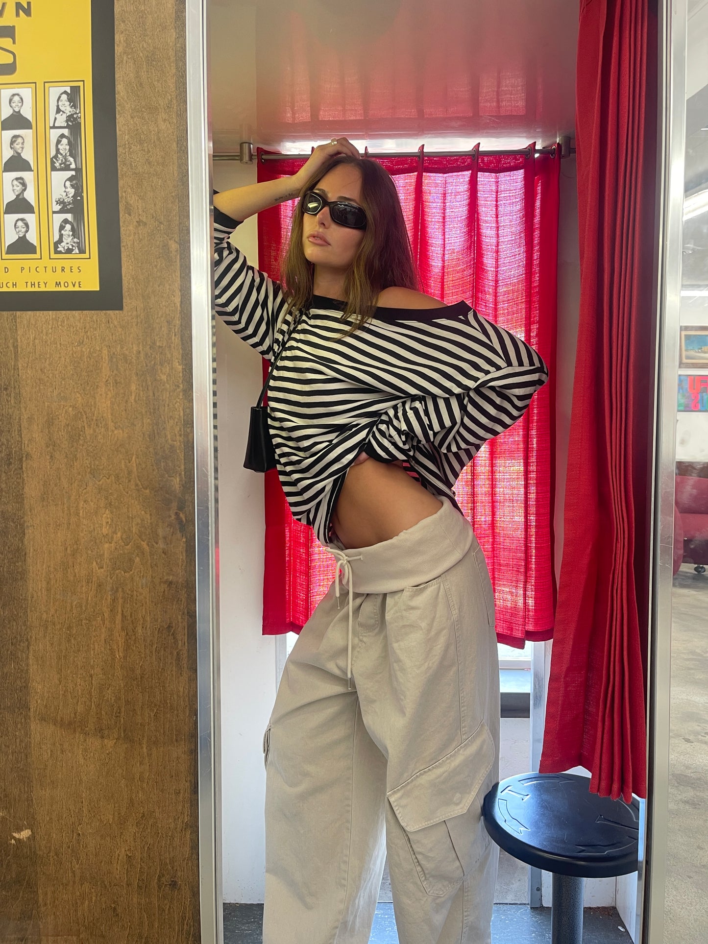 Striped Off Shoulder Long Sleeve Tee Black and White