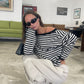 Striped Off Shoulder Long Sleeve Tee Black and White