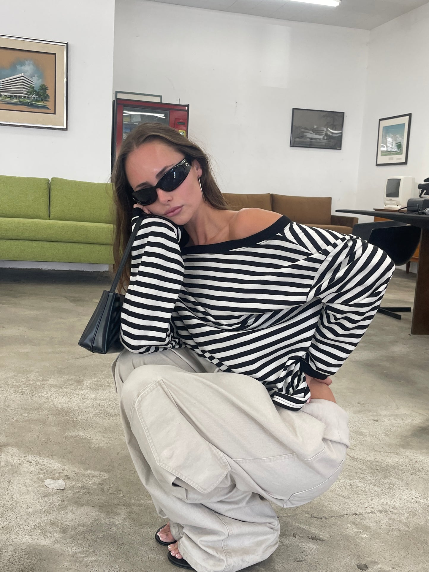 Striped Off Shoulder Long Sleeve Tee Black and White