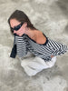 Striped Off Shoulder Long Sleeve Tee Black and White