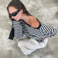 Striped Off Shoulder Long Sleeve Tee Black and White