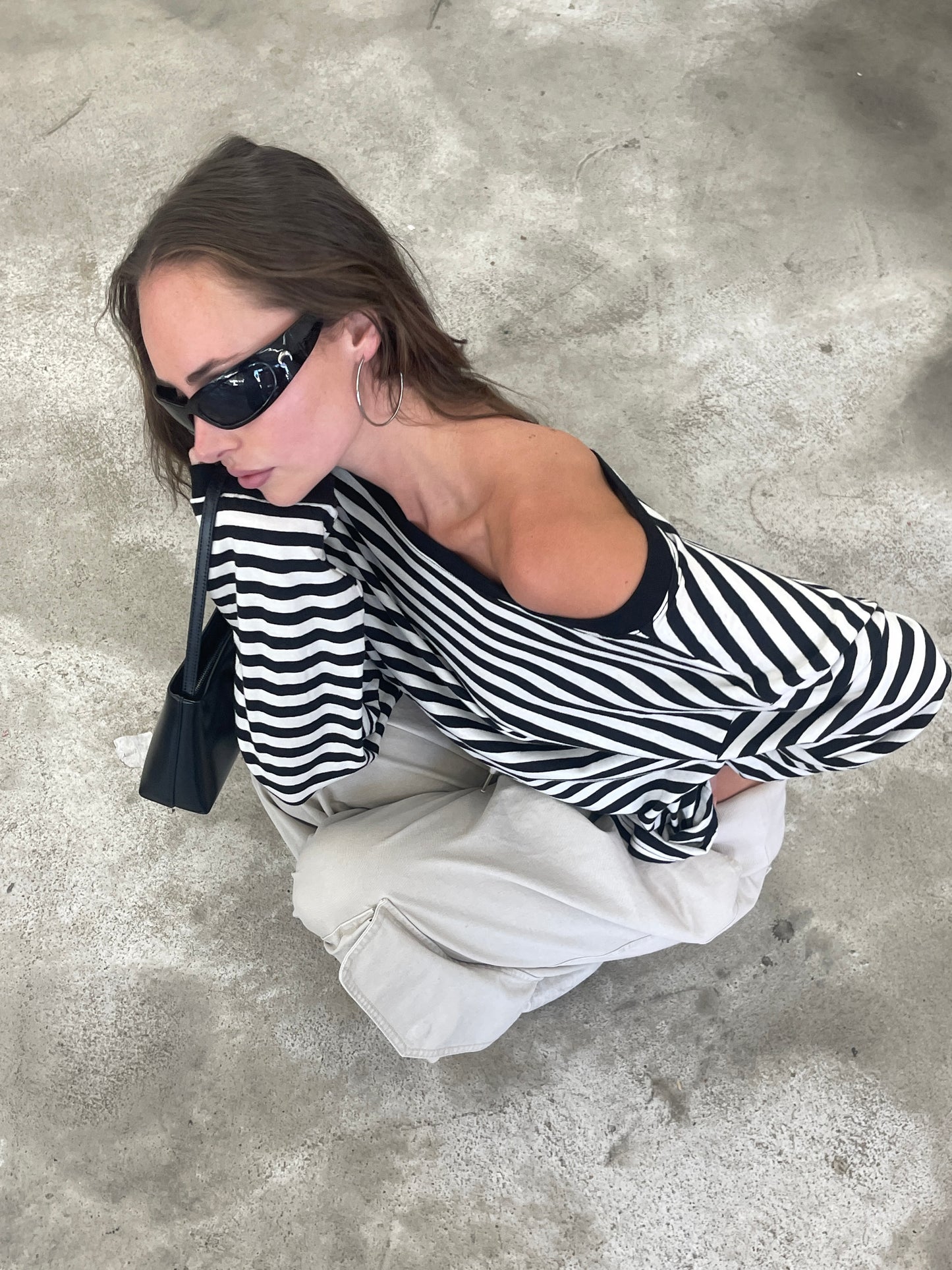 Striped Off Shoulder Long Sleeve Tee Black and White