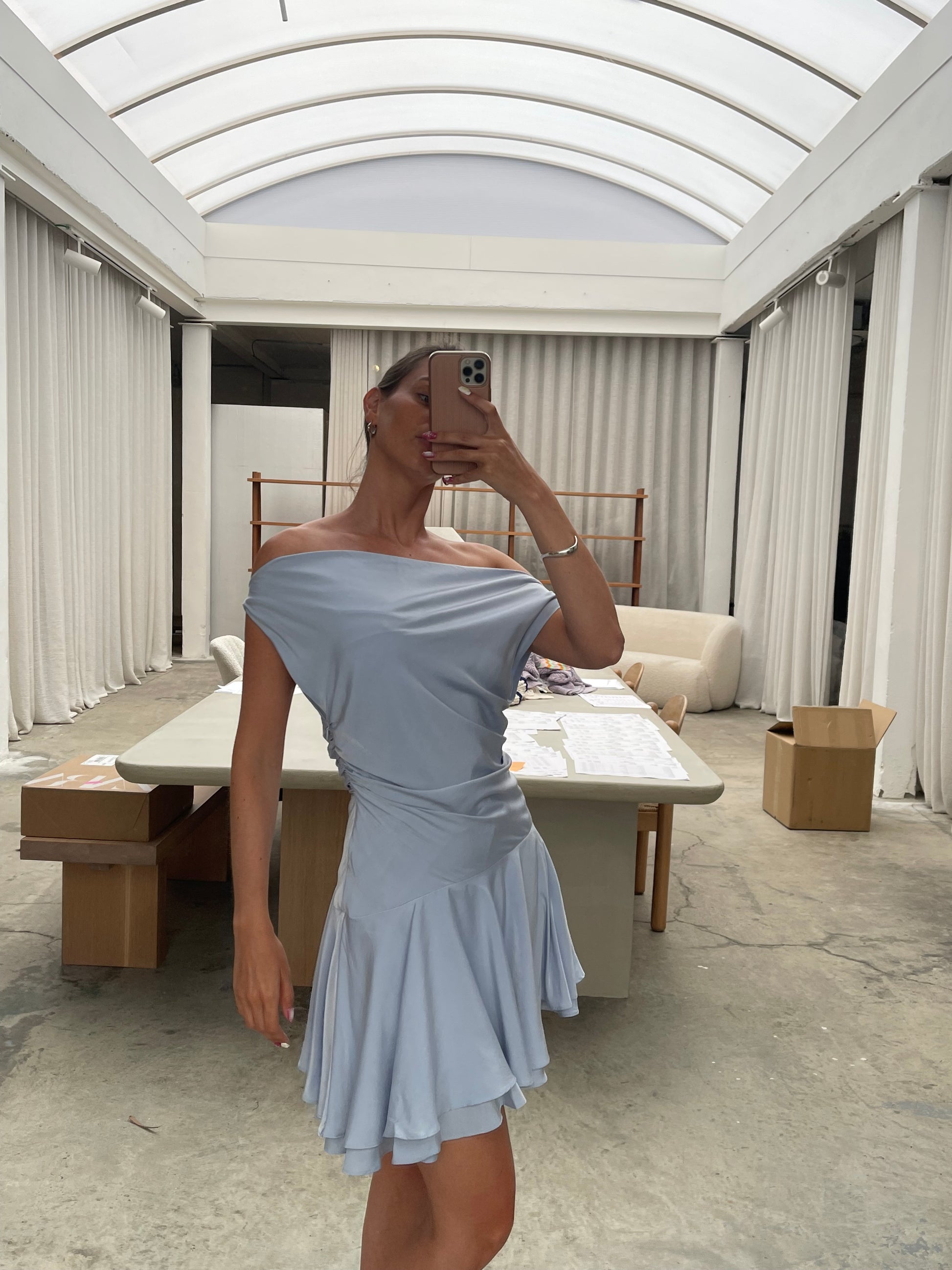 draped off shoulder mini dress Off The Shoulder Drape Asymmetric Mini Dress In White Slinky | EGO US