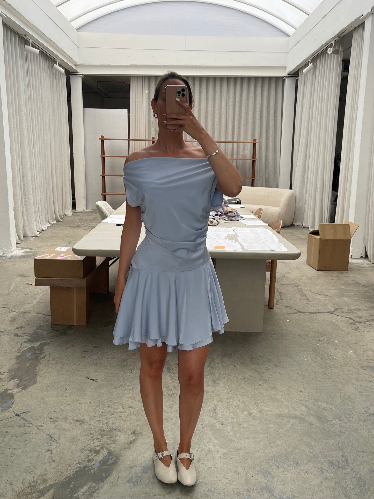 Draped Off Shoulder Ruffled Mini Dress Sky Blue