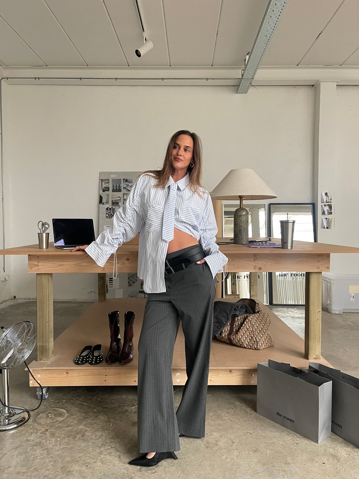 Oversized Striped Drawstring Shirt With Tie