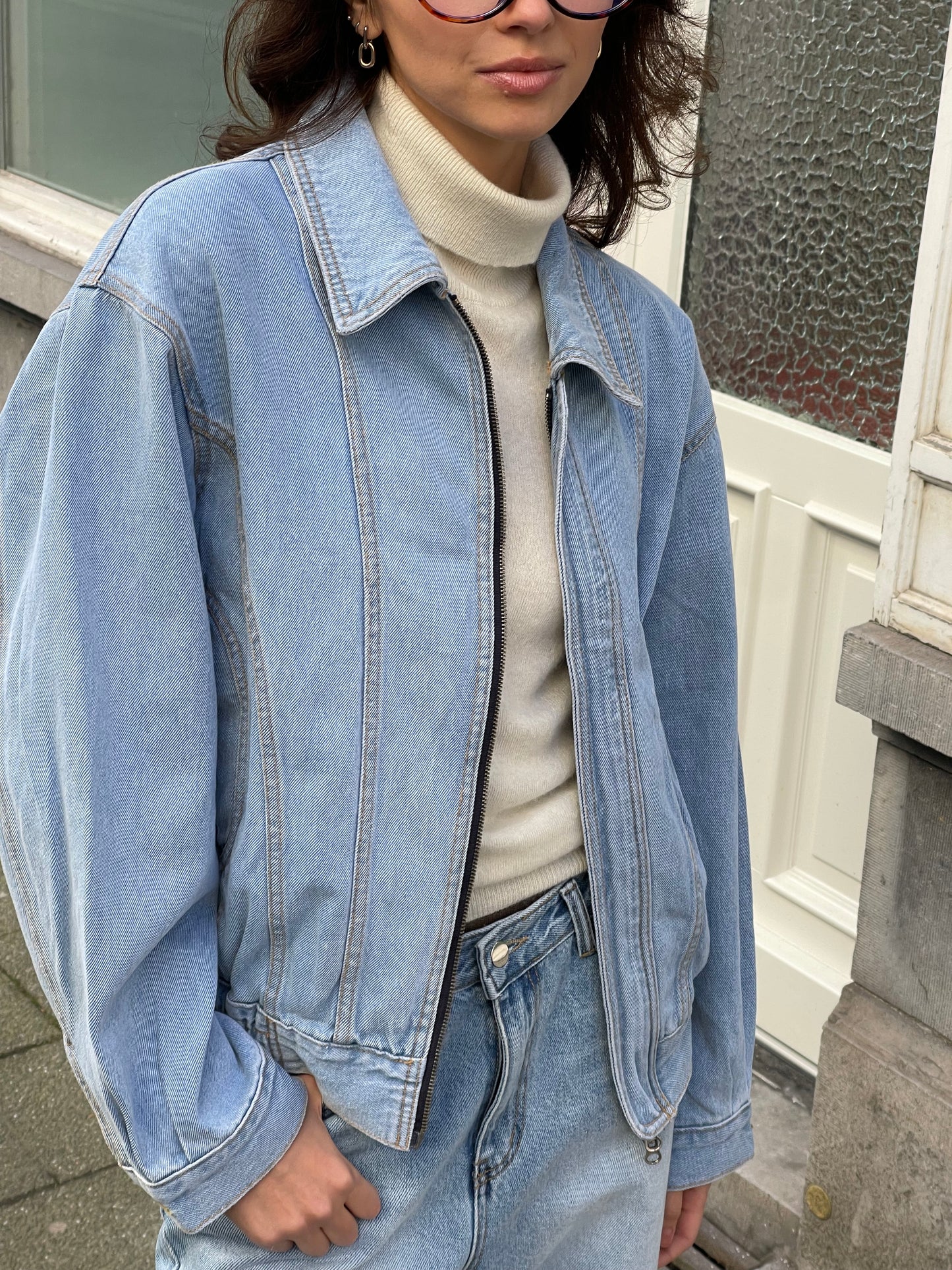 Stitched Denim Bomber Light Blue