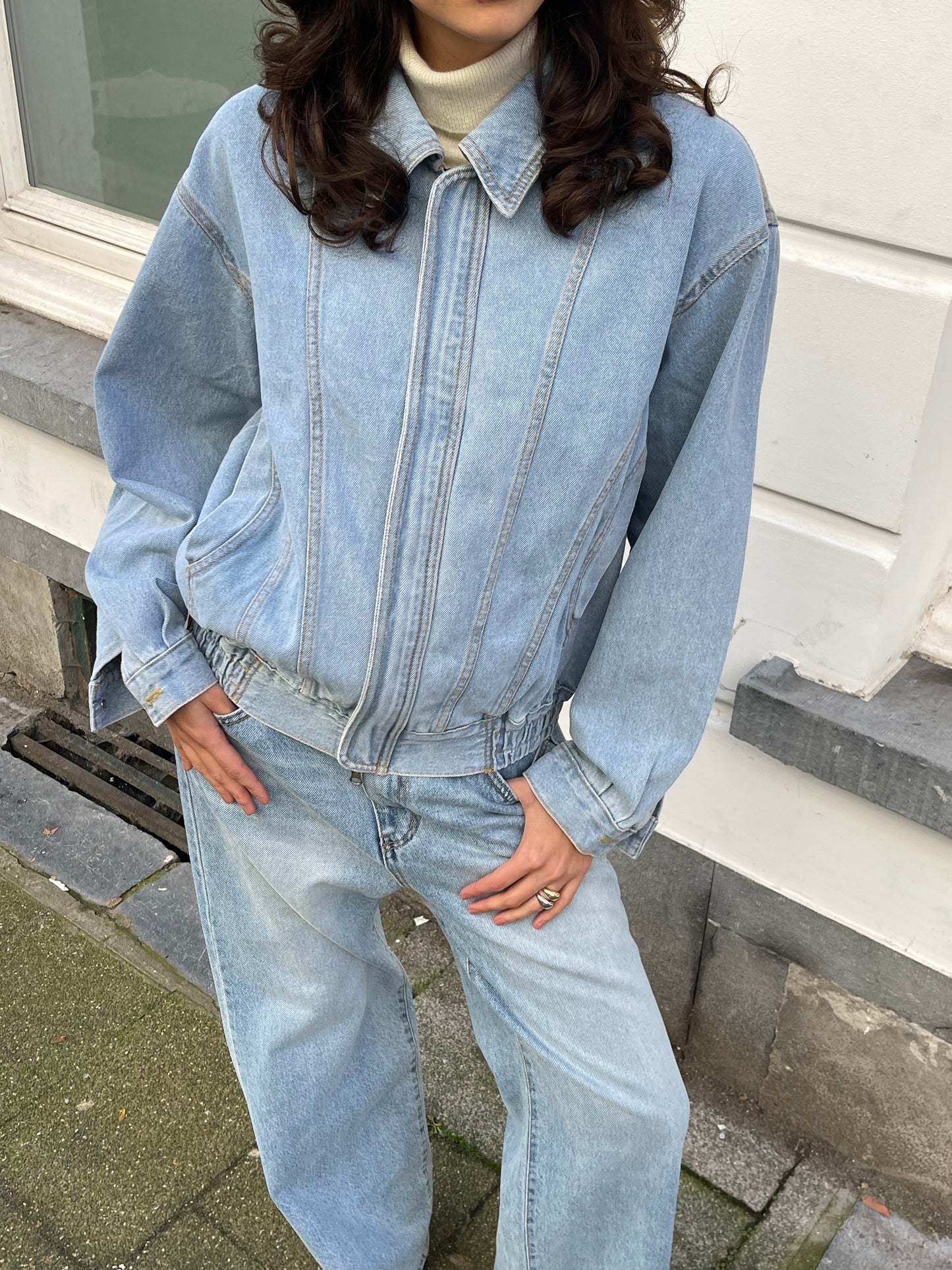 Stitched Denim Bomber Light Blue