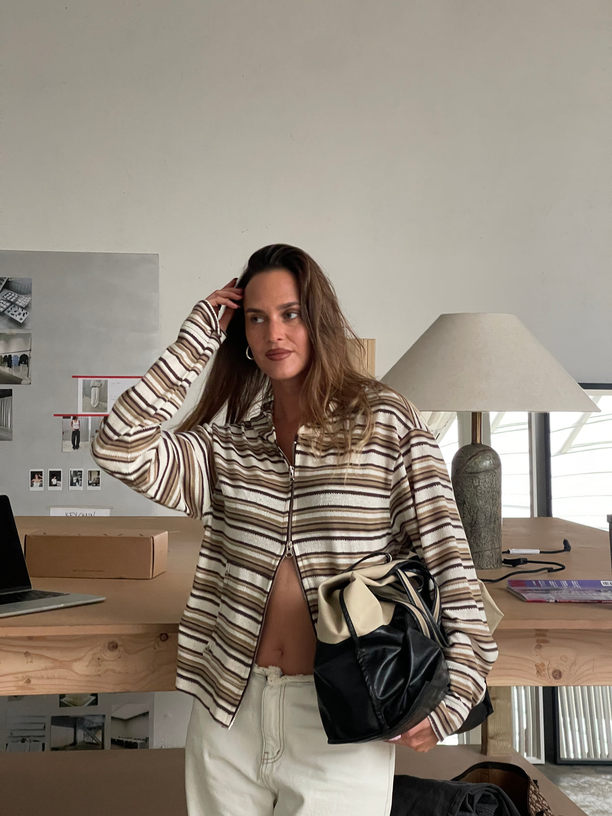 Knitted Striped Zip Hoodie Light Brown