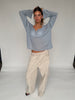 Loose Buttoned V-Neck Top Sky Blue