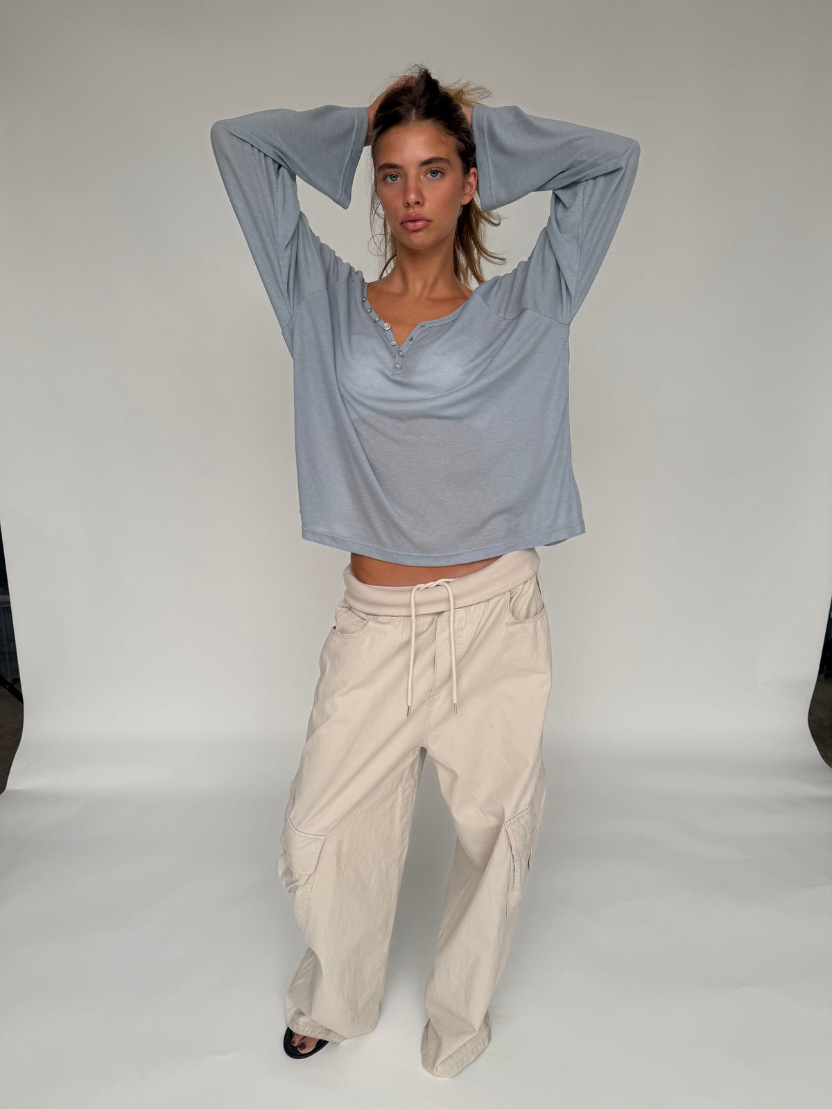 Loose Buttoned V-Neck Top Sky Blue