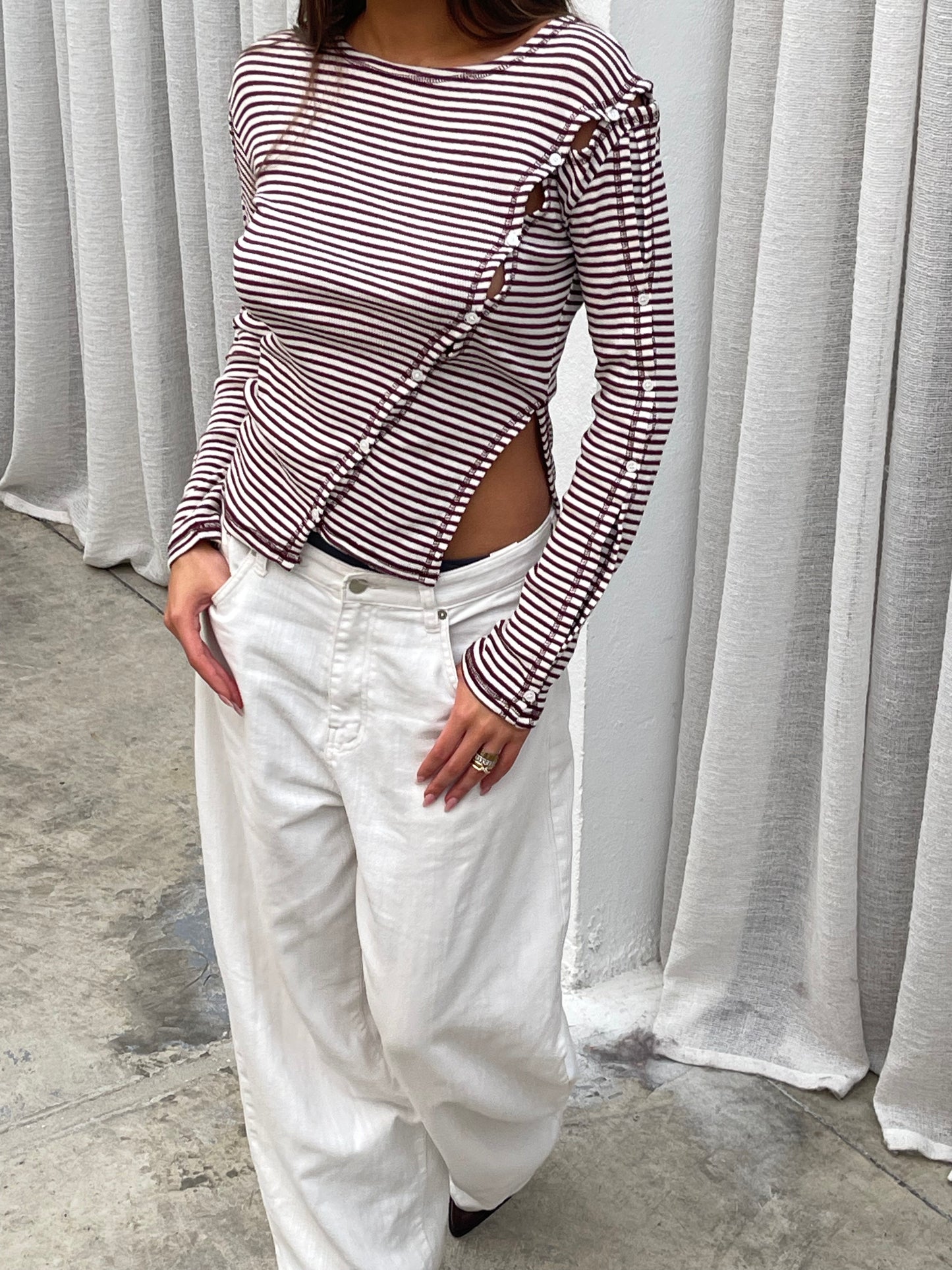 Diagonal Buttoned Striped Slit Top Burgundy