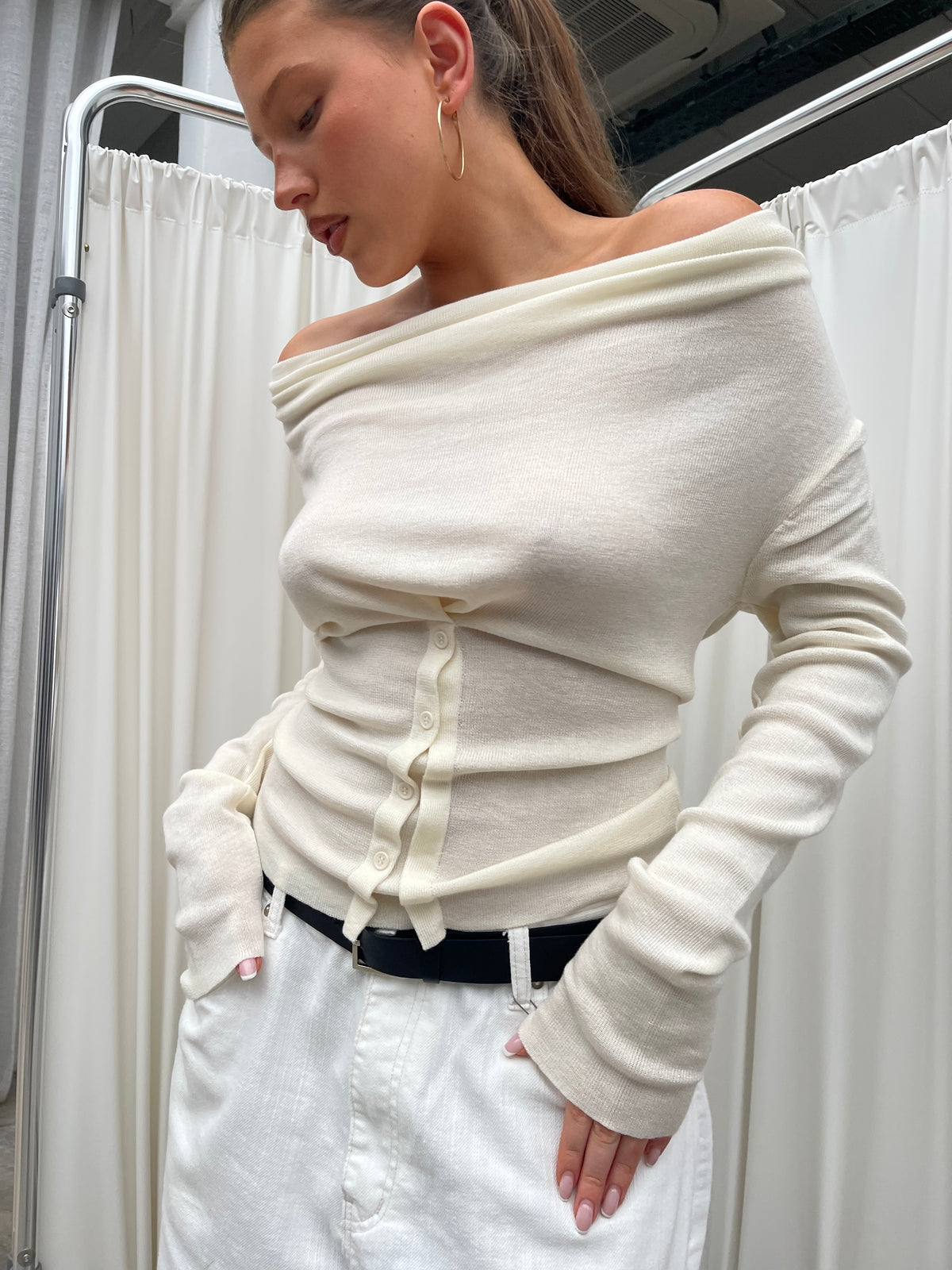 Front Draped Buttoned Top Cream