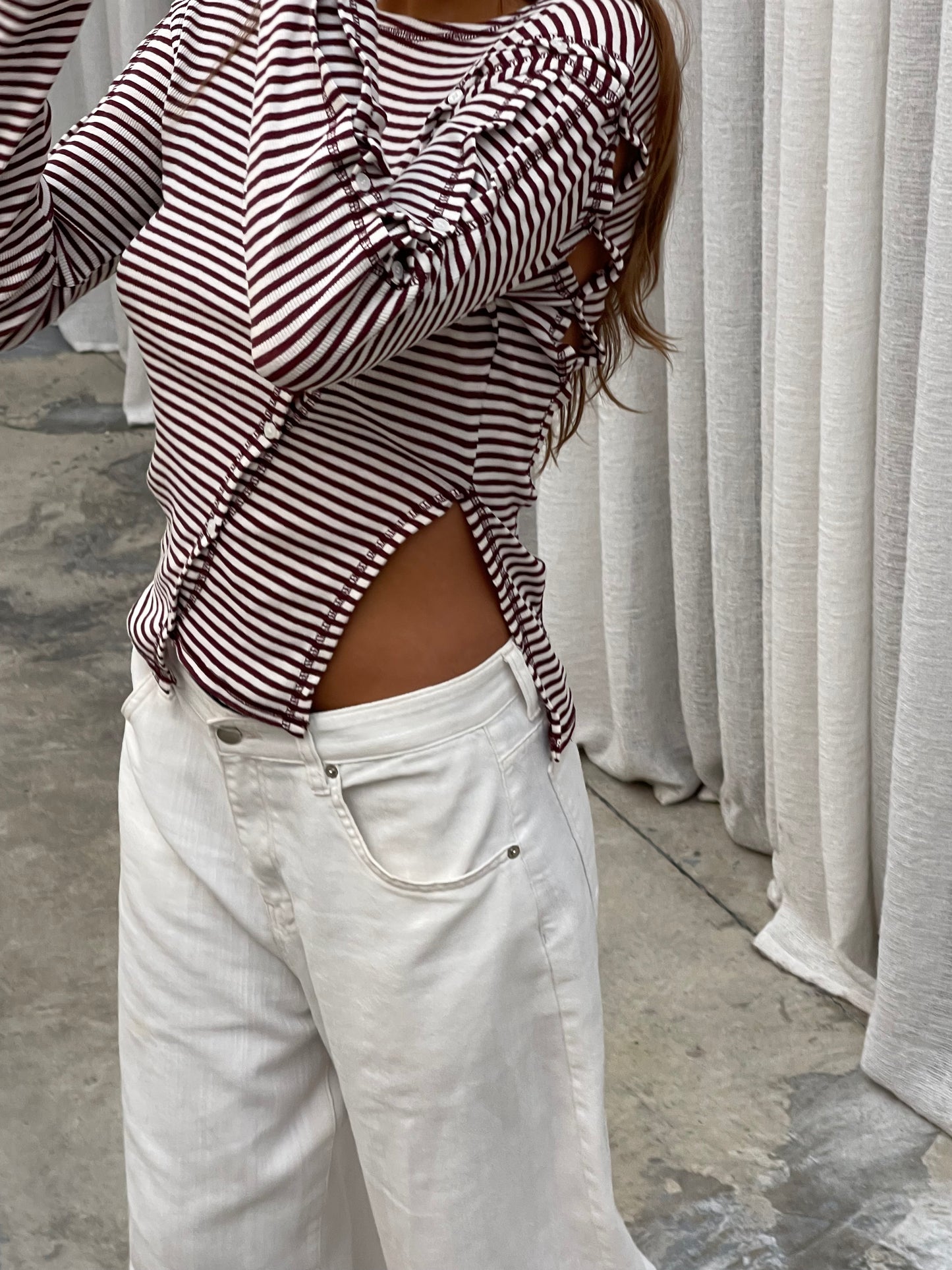 Diagonal Buttoned Striped Slit Top Burgundy